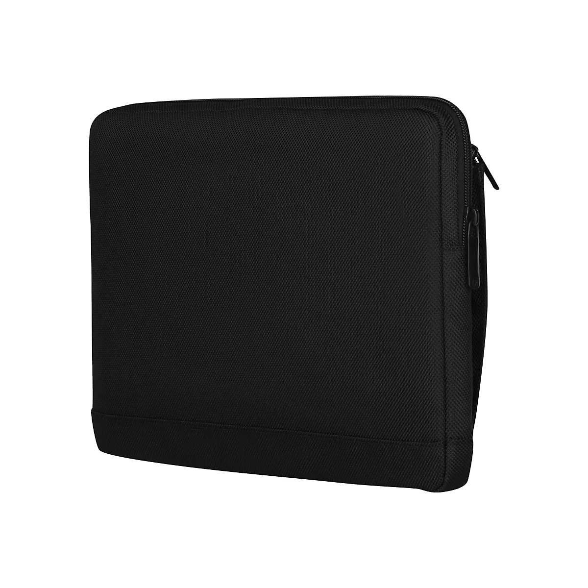 Schwarze Laptoptasche mit Textur vor weißem Hintergrund.