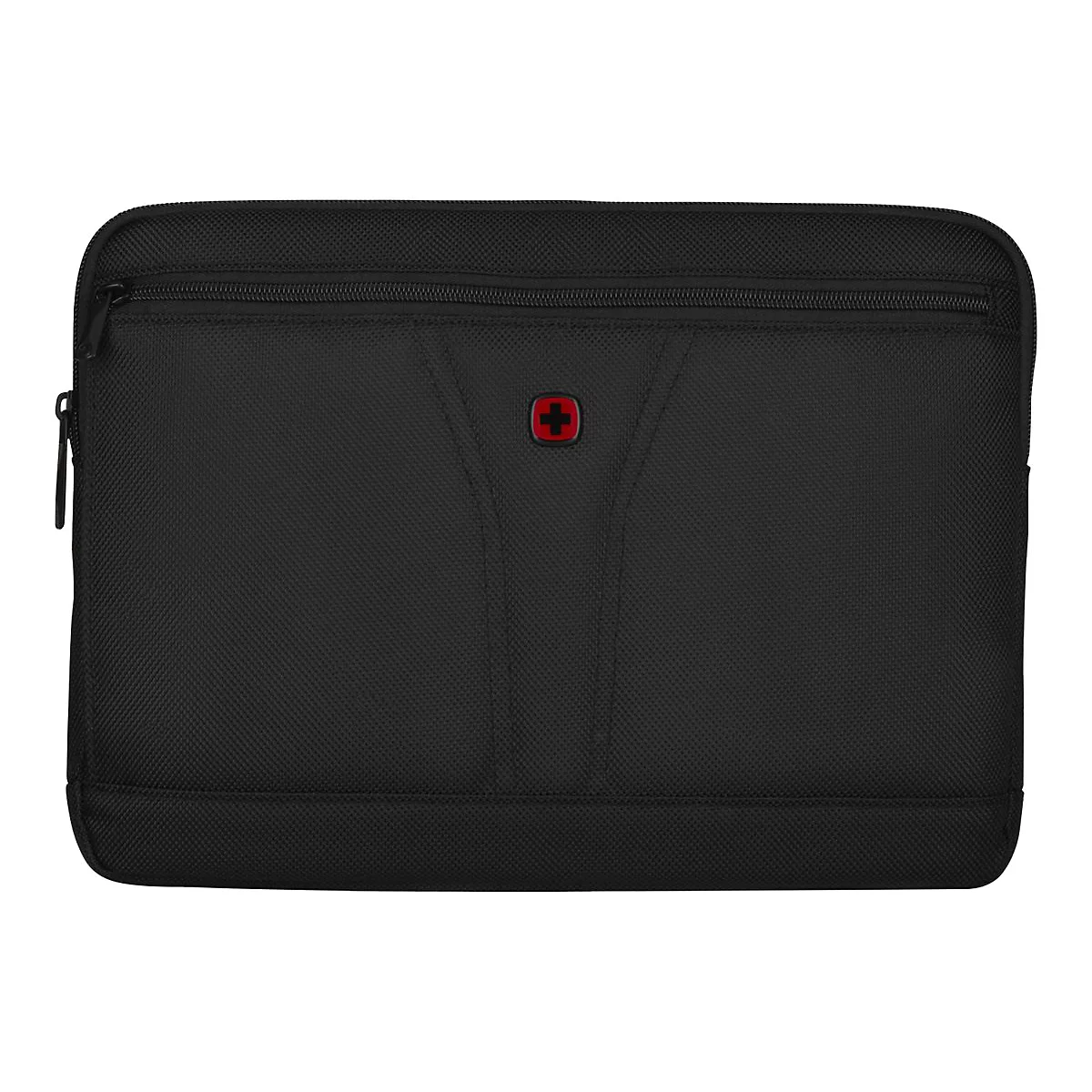 Schwarze Laptop-Hülle mit Reißverschluss und rotem Schweizer Kreuz Logo mittig.