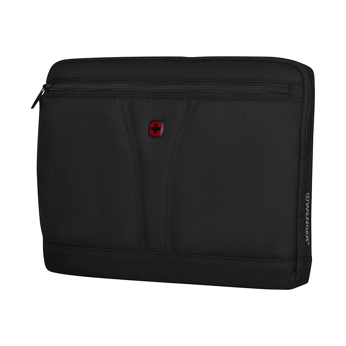 Schwarze Wenger Laptop-Tasche mit Reißverschlussfach vorne und rotem Logo vor weißem Hintergrund.