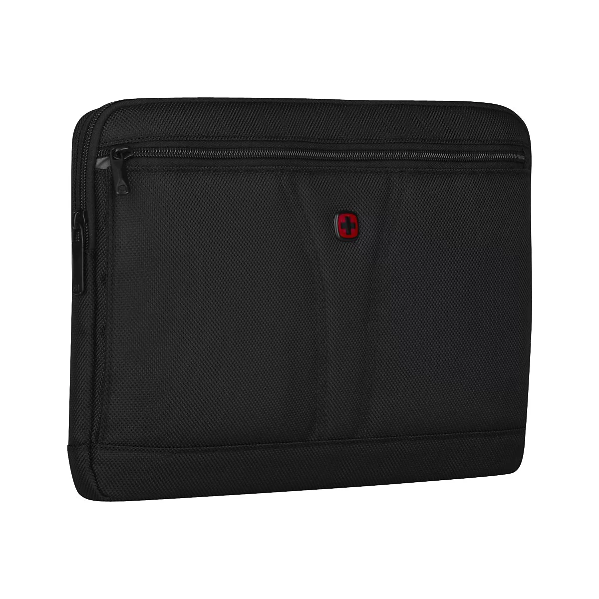 Schwarze Laptoptasche mit Reißverschluss und rotem Schweizer Kreuz Logo auf neutralem Hintergrund.