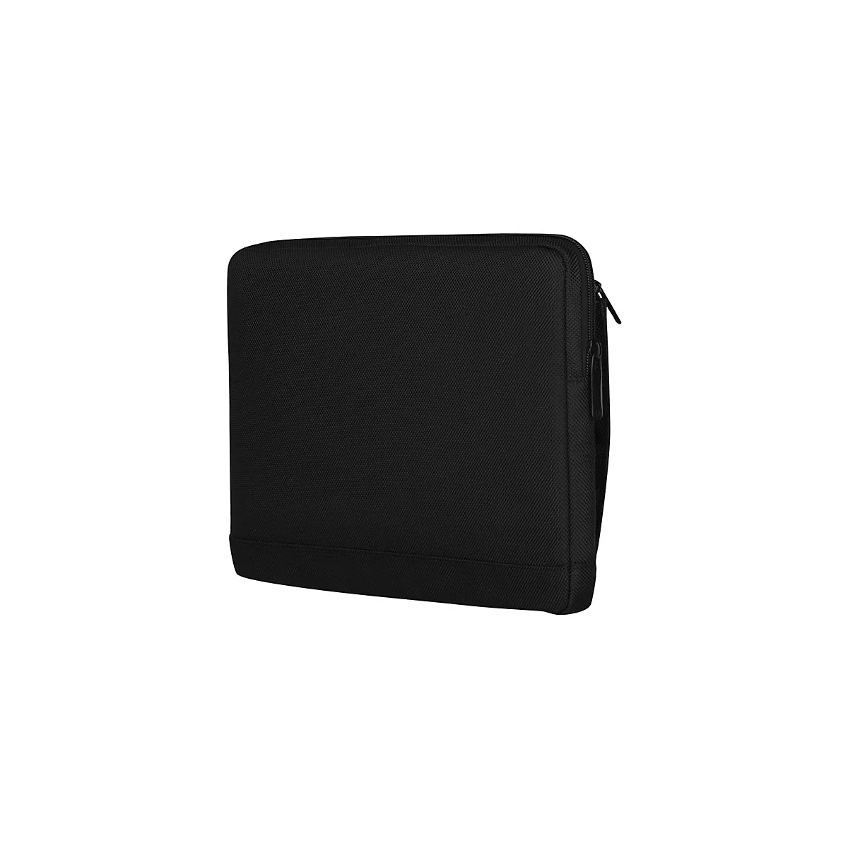 Schwarze Laptoptasche mit ReiÃŸverschluss, leicht schrÃ¤g vor weiÃŸem Hintergrund.