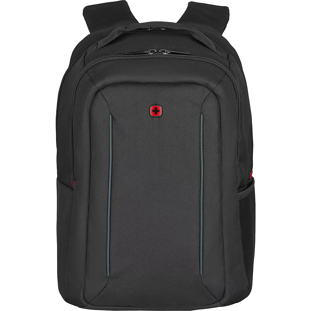 Schwarzer Rucksack mit rotem Kreuz-Logo. Blaue Ziernähte an der Front.