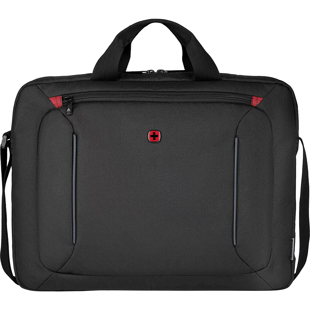 Schwarze Laptoptasche mit Tragegriff und Schulterriemen, roter Akzent am Reißverschluss, Schweizer Kreuz Logo.