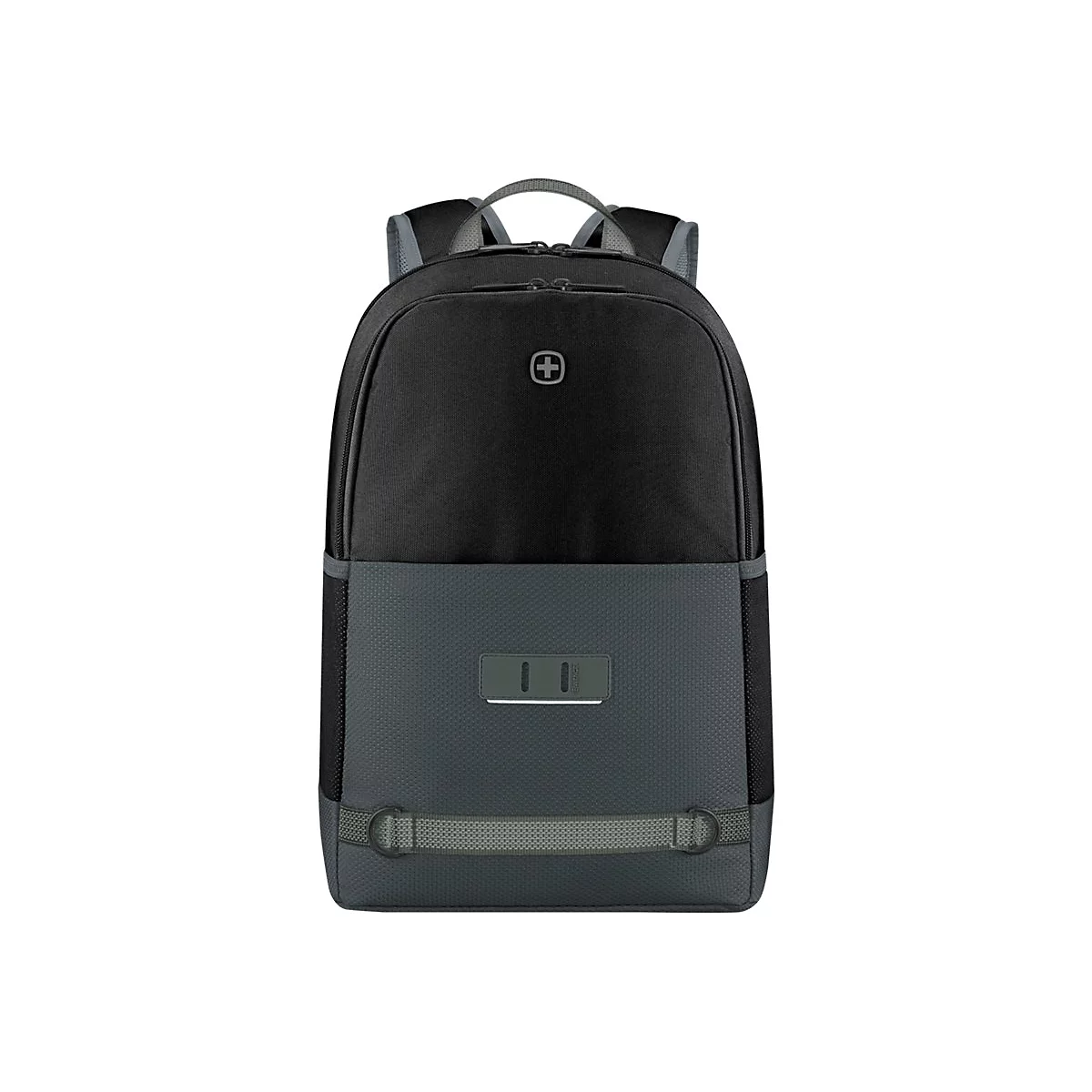 Schwarzer Rucksack mit grauem unterem Teil, Henkeln, Schultergurten und Schweizer Kreuz.