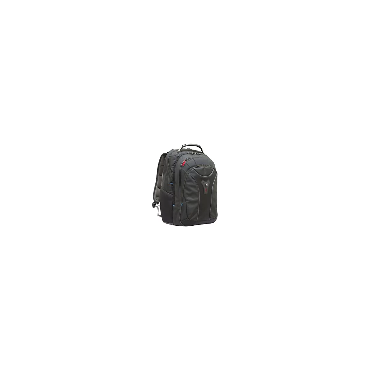 Schwarzer Rucksack mit mehreren Fächern, Griff und Schultergurten.