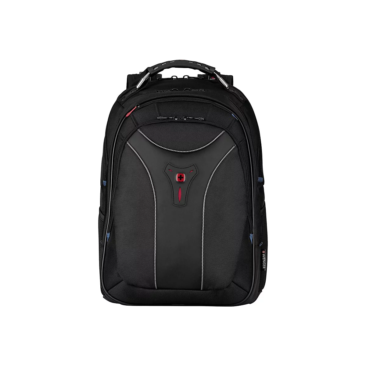 Schwarzer Rucksack mit rotem Kreuz-Logo. Details: silberne Reißverschlüsse, gepolsterter Rücken. Marke: Wenger.
