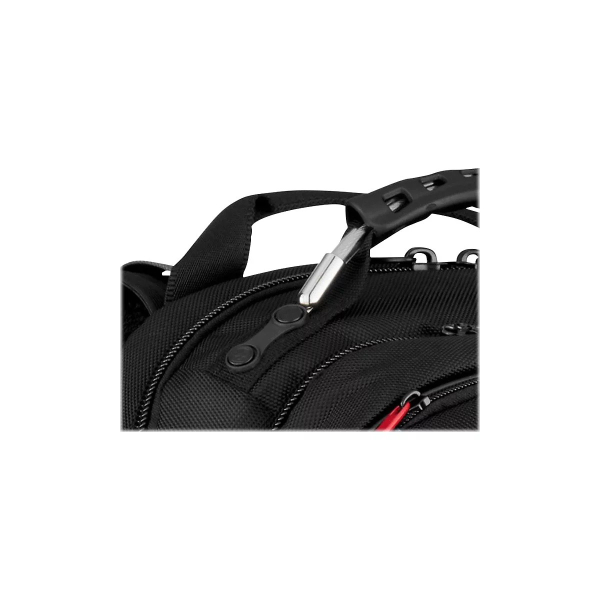 Detailaufnahme eines schwarzen Rucksacks mit silberfarbenem Drahtseil. Der Griff ist schwarz und der Reißverschluss rot.