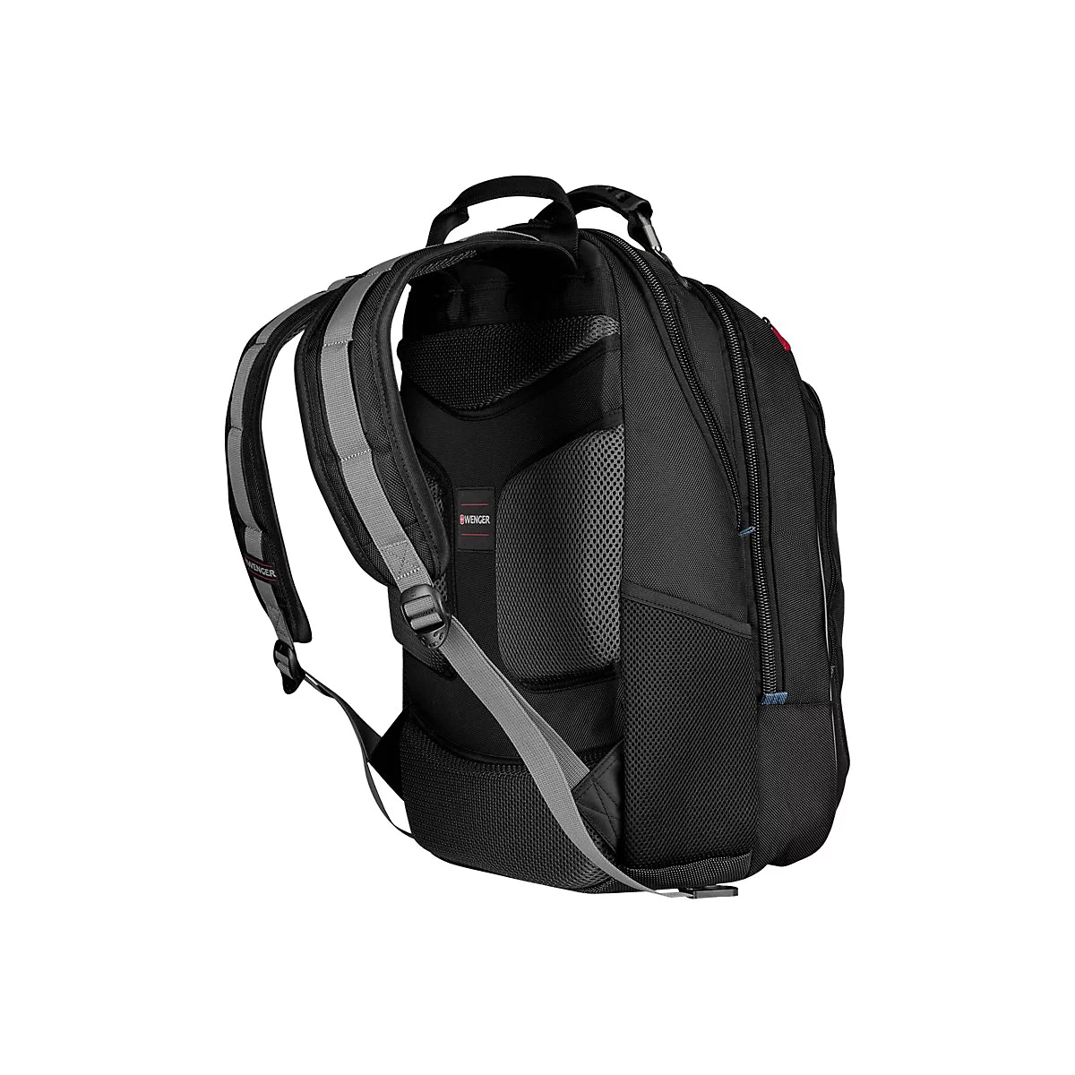 Schwarzer Rucksack mit grauen Gurten und dem Wenger Logo.