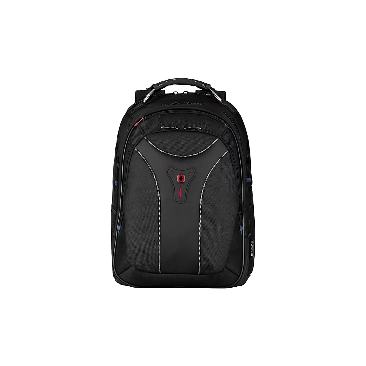 Schwarzer Rucksack vor weiÃŸem Hintergrund. Das Wenger-Logo ist auf der Front zu sehen.