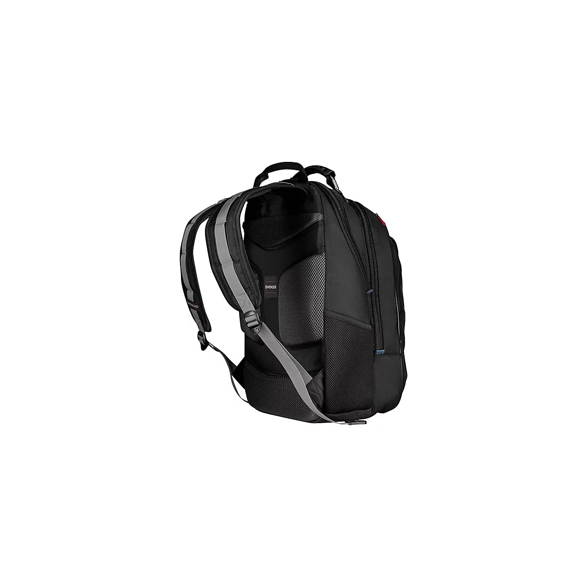Schwarzer Rucksack mit grauen Schultergurten und RÃ¼ckenpolsterung.