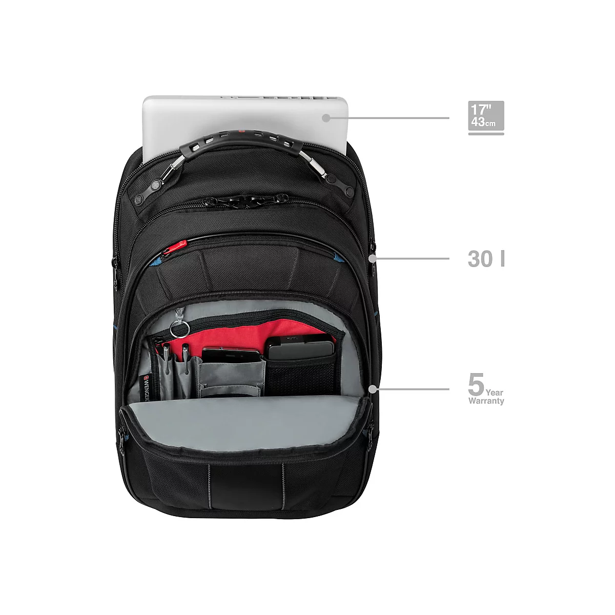 Schwarzer Rucksack mit Laptop, geöffneter Tasche, roten Akzenten, 17-Zoll-Laptop, 5 Jahre Garantie.