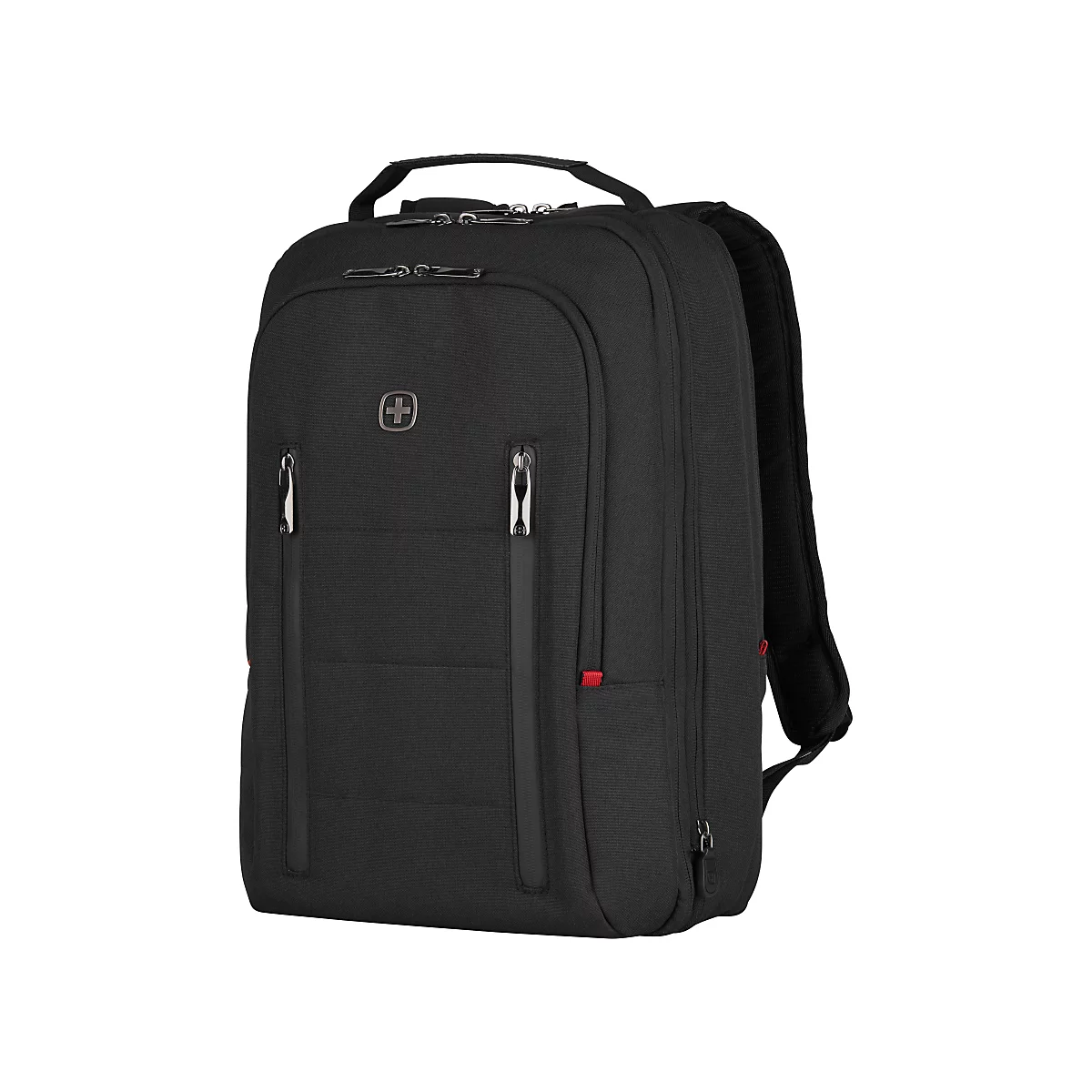 Schwarzer Rucksack mit Reißverschlüssen, Henkel und Schweizer Kreuz. Detaillierte Ansicht.