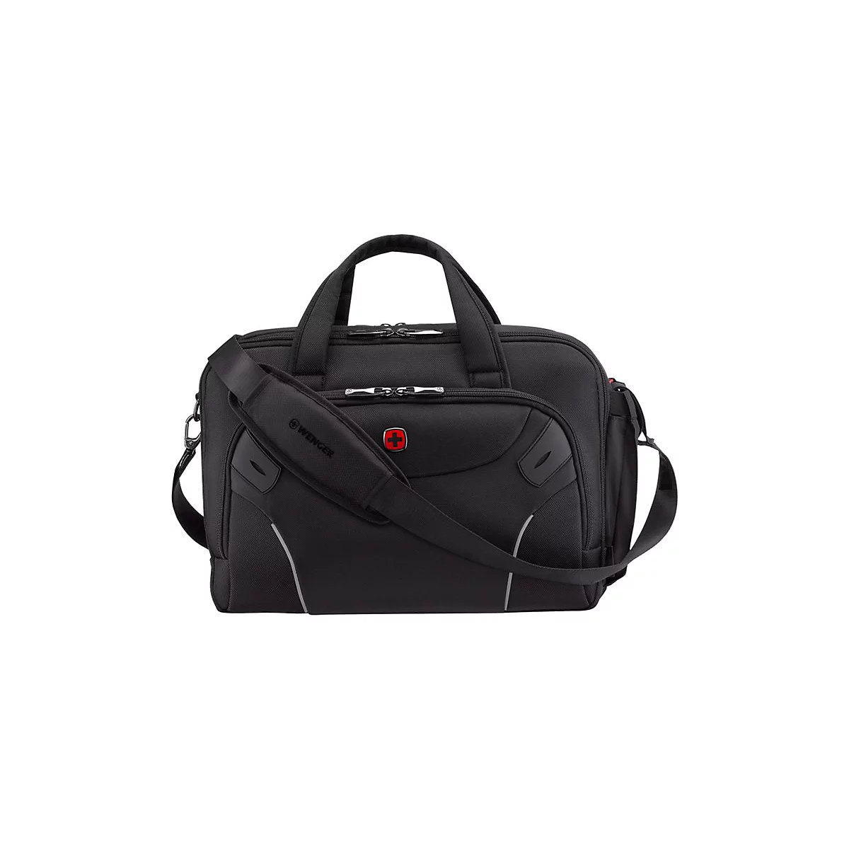 Schwarze Wenger Laptoptasche mit Tragegriffen und Schultergurt vor neutralem Hintergrund.