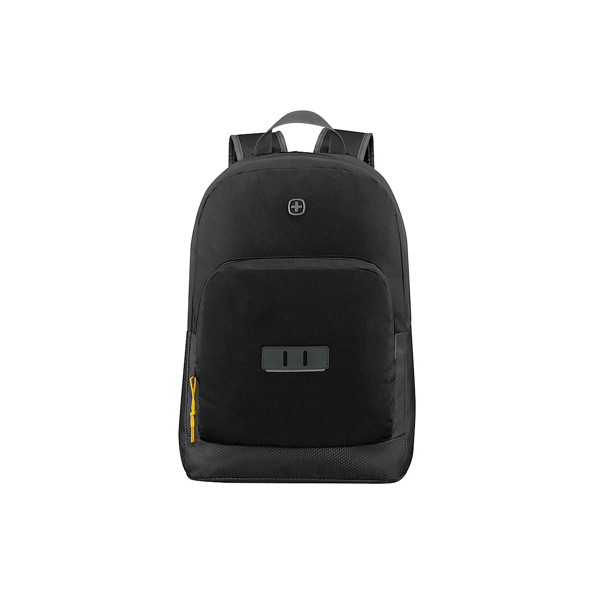 Schwarzer Rucksack mit grauem Griff und Details. Auf der Fronttasche ein grauer Streifen. Gelber Reißverschluss.