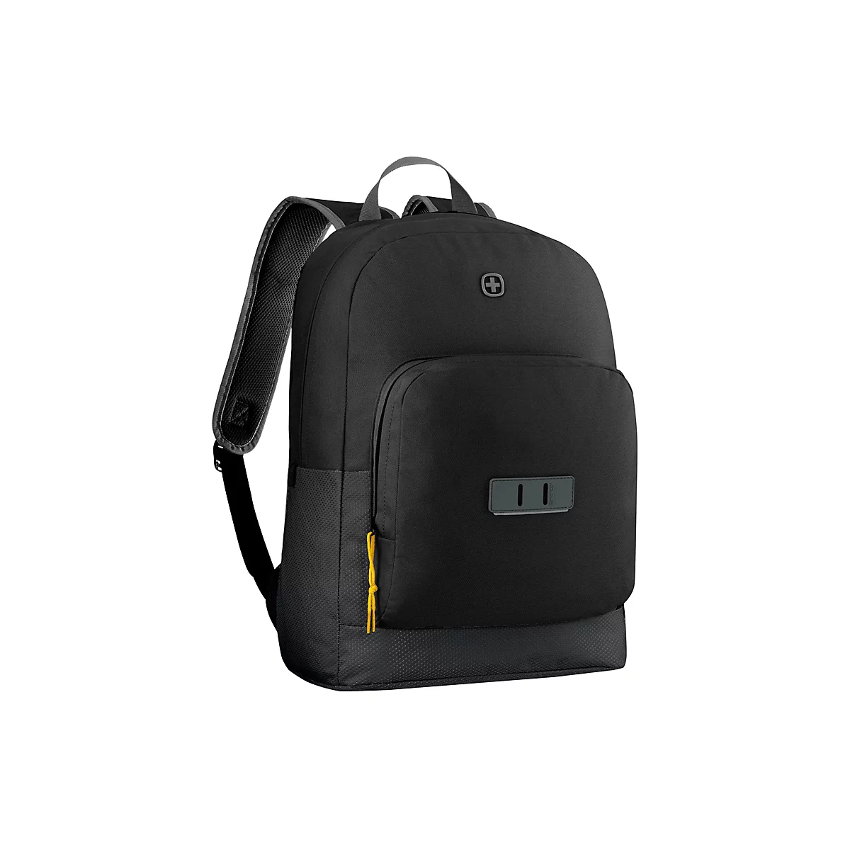 Schwarzer Rucksack vor weißem Hintergrund. Der Rucksack hat ein gepolstertes Rückenteil und Träger, ein Logo und eine Fronttasche.