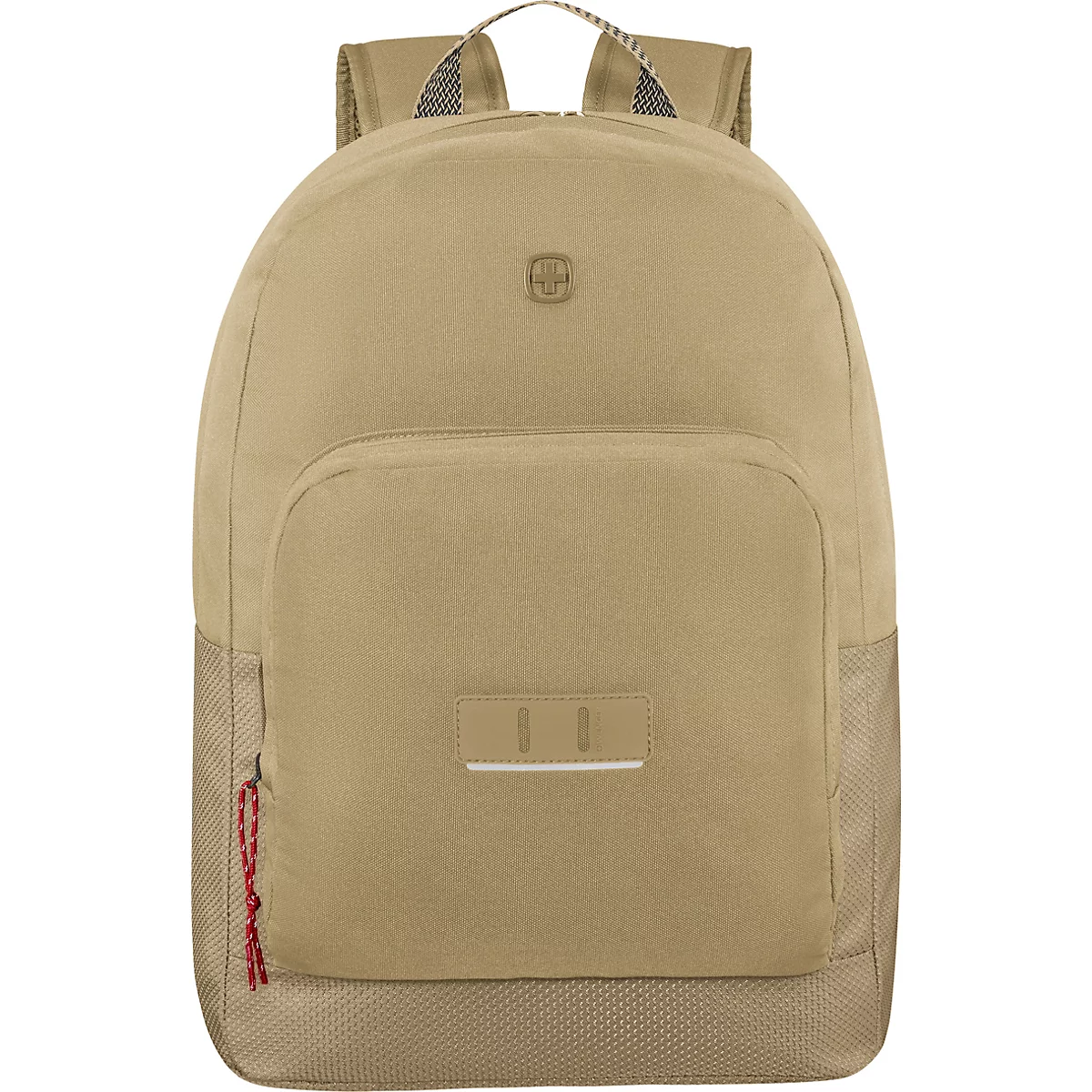 Beigefarbener Rucksack mit zwei Tragegriffen und einem kleinen Logo. Auf der Fronttasche befindet sich ein rechteckiges Etikett mit der Aufschrift "Wenger".