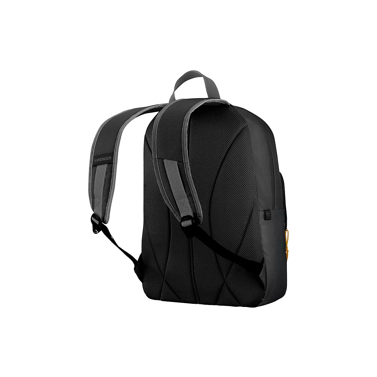 Schwarzer Rucksack, Marke Wenger, Rückansicht. Graue Träger und Details. Griff oben. Texturierte Rückseite.