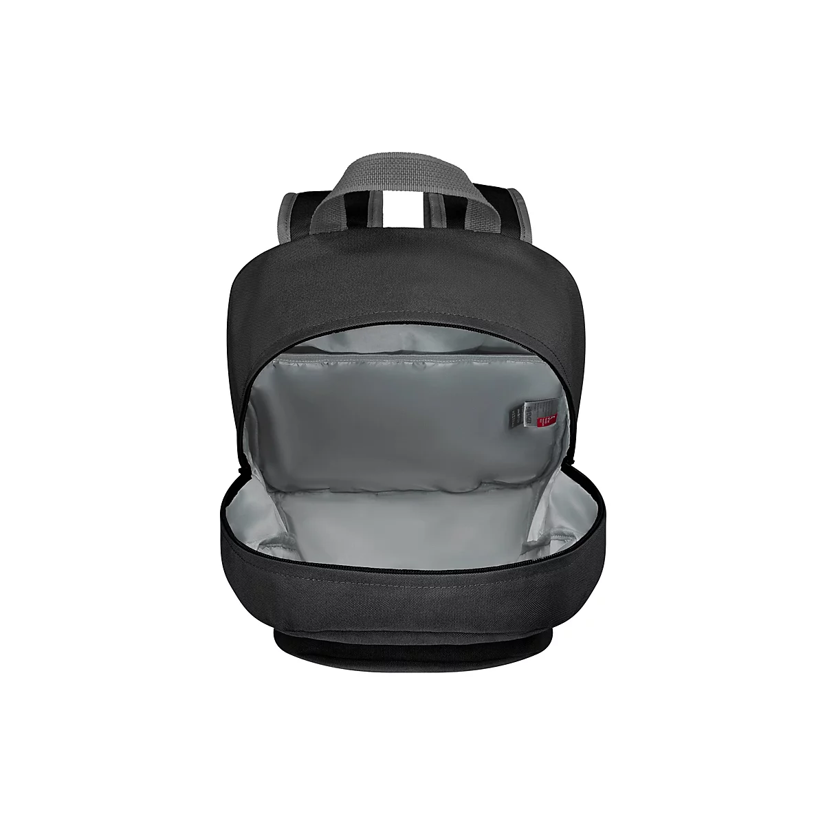 Schwarzer Rucksack, offen, Innenansicht grau, mit Tragegriff.