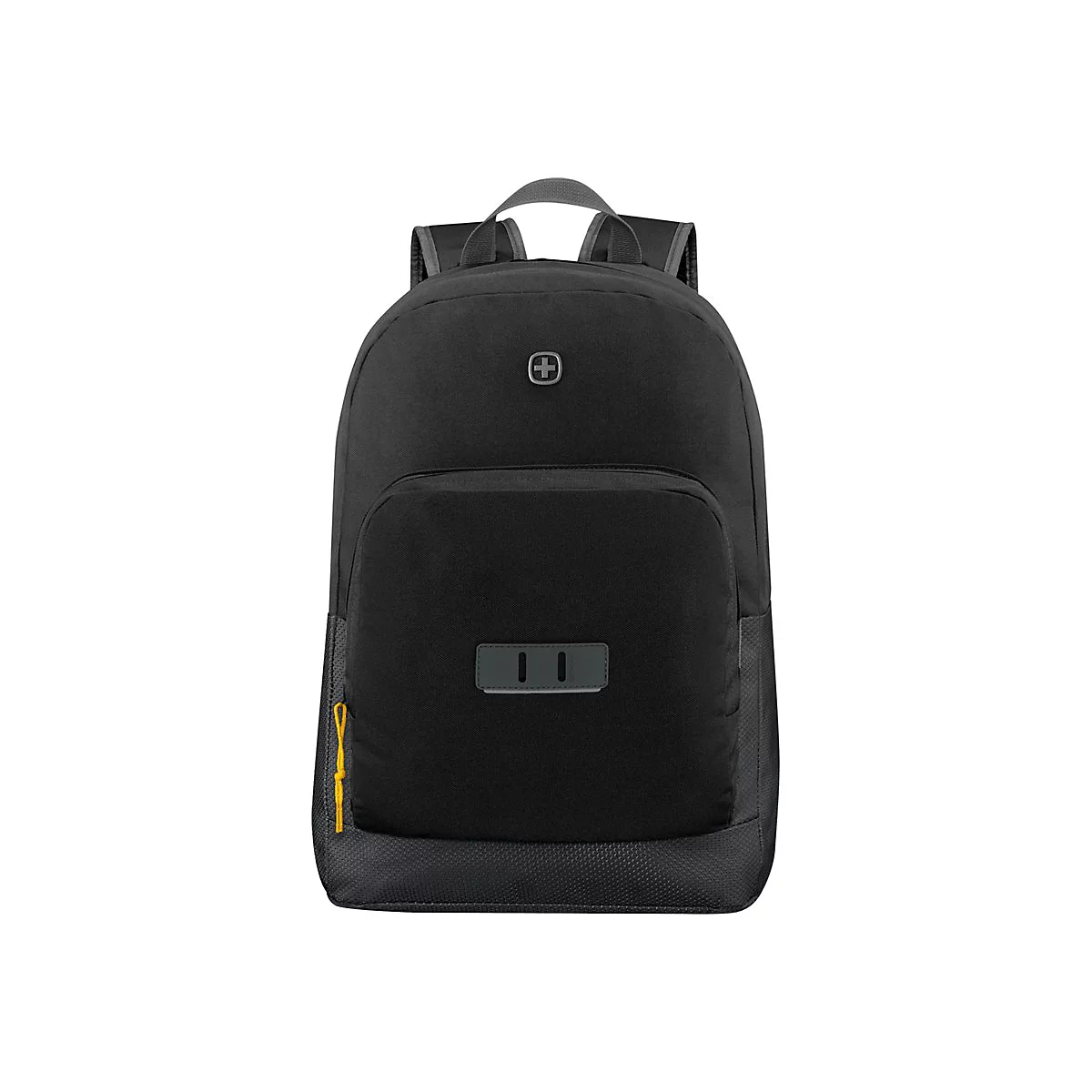 Schwarzer Rucksack mit dem Logo einer weißen Kreuzes und gelbem Reißverschluss. Vor weißem Hintergrund.