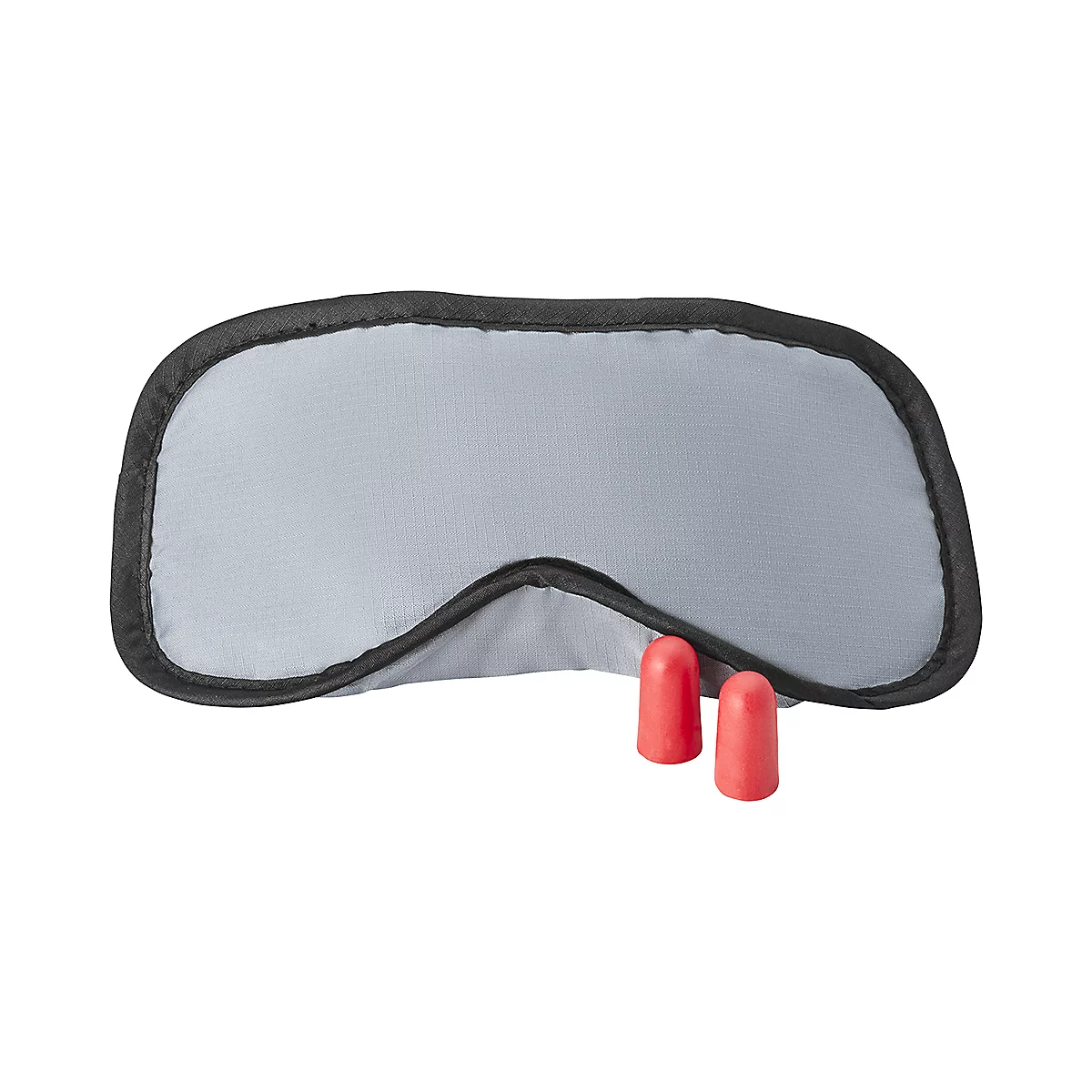 Masque de sommeil gris avec bordure noire et deux bouchons d'oreille rouges.