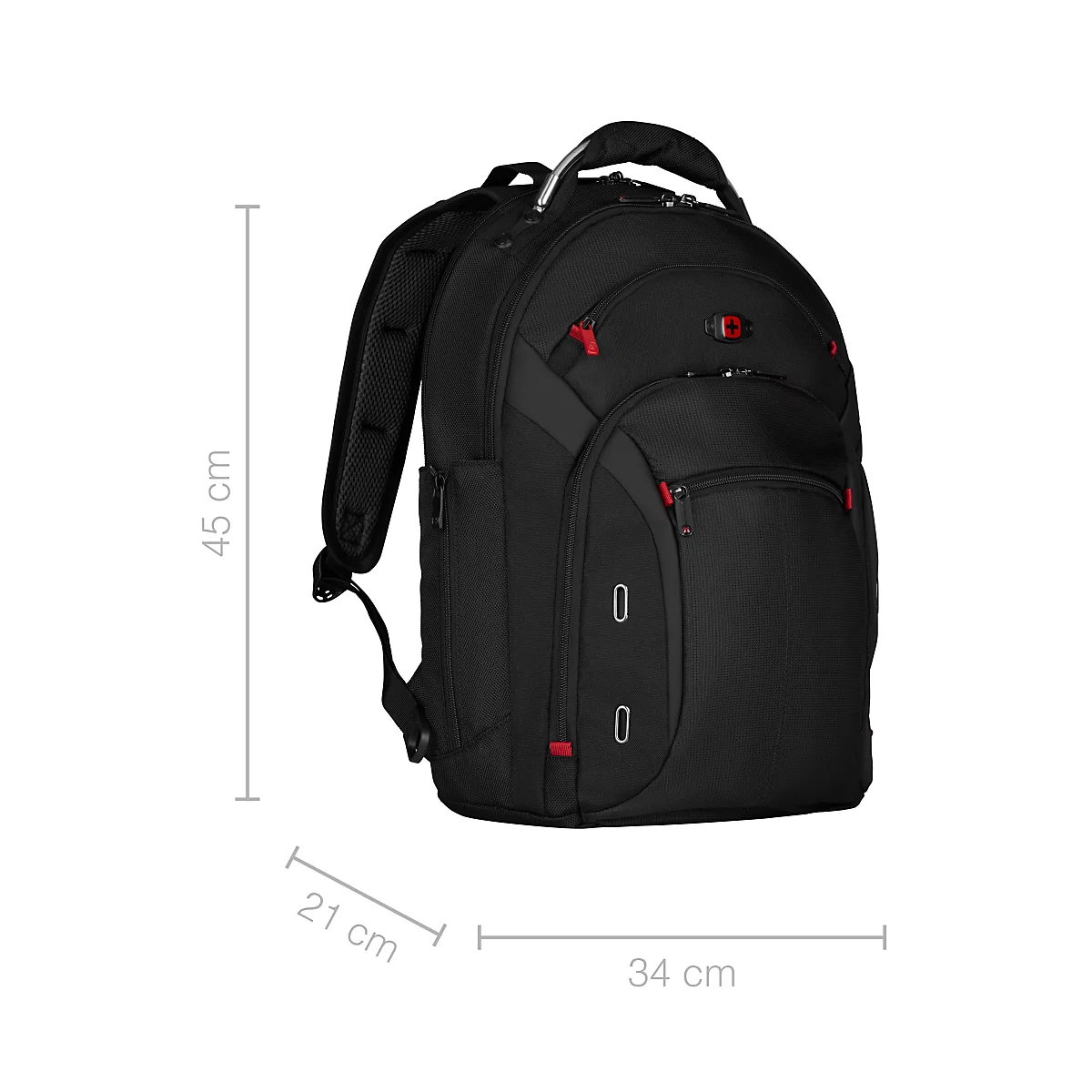 Schwarzer Rucksack mit roter Akzenten, Maßangaben 45x34x21cm. Mit mehreren Fächern, Reißverschlüssen, Handgriff und gepolsterten Schultergurten.