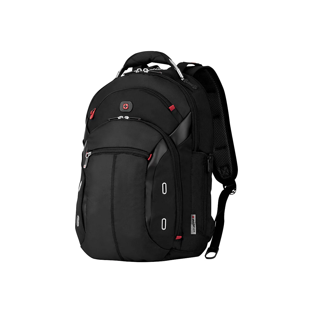 Schwarzer Rucksack mit roten Akzenten und silbernem Griff, Wenger Logo.