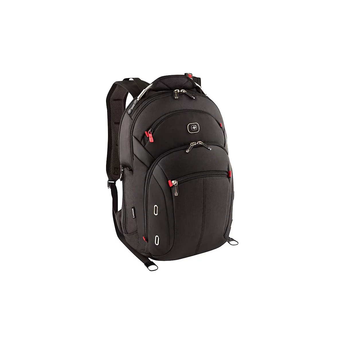 Schwarzer Rucksack mit roten Reißverschlüssen, Swissgear Logo und gepolsterten Trägern. Der Rucksack steht vor weißem Hintergrund.