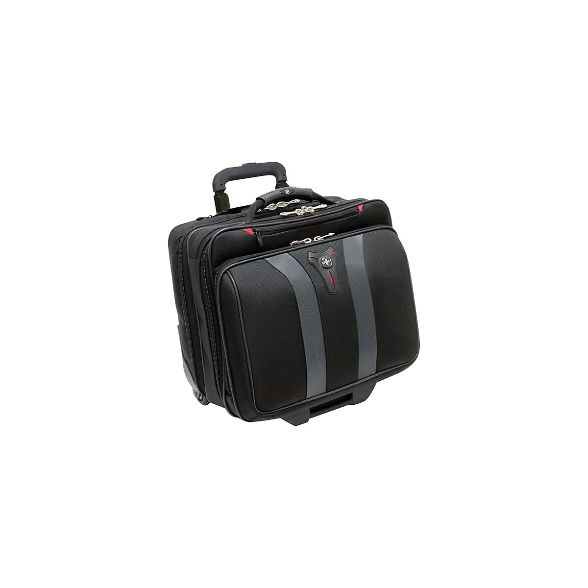 Schwarzer, rollbarer Koffer mit Teleskopgriff. Graue Streifen auf der Vorderseite.