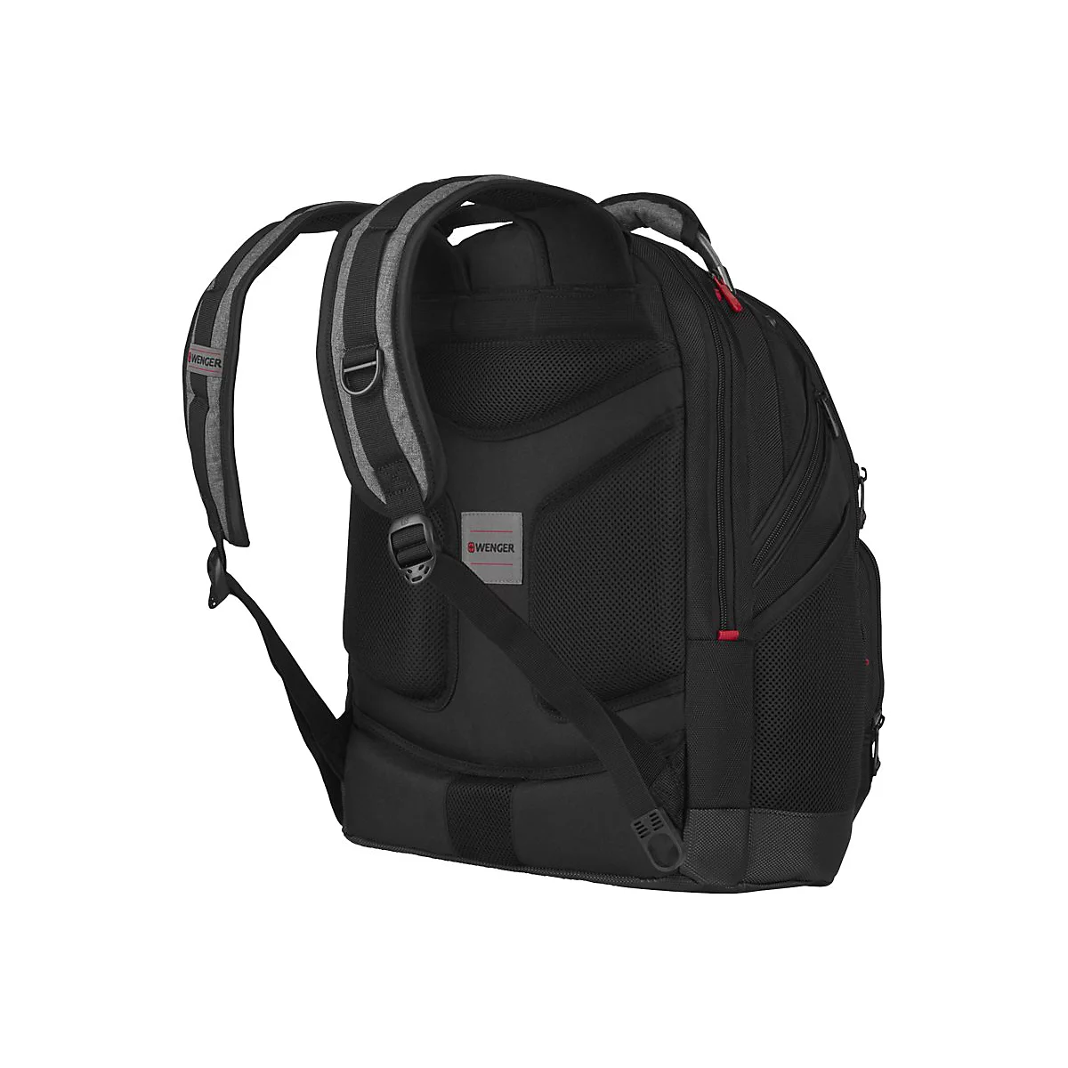 Schwarzer Rucksack von hinten. Gepolsterte TrÃ¤ger und RÃ¼cken, graue Akzente, roter ReiÃŸverschluss. Logo-Label auf dem RÃ¼cken.