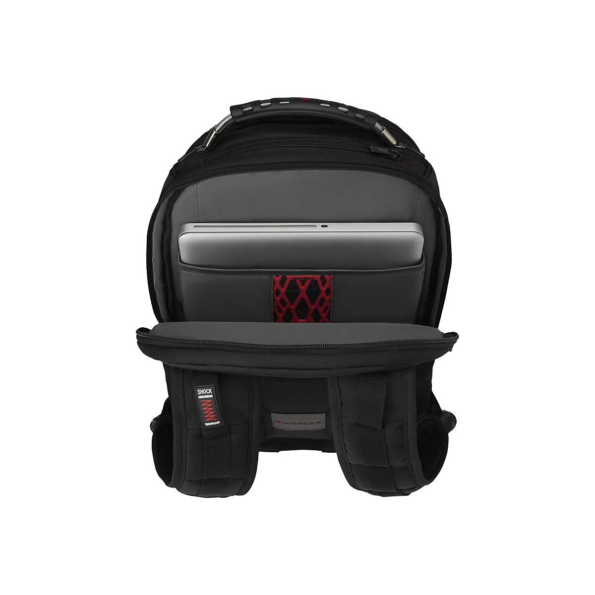 Schwarzer Rucksack, offen, mit Laptopfach und rotem Design. Sichtbar sind Schultergurte, Tragegriff und Seitentaschen.