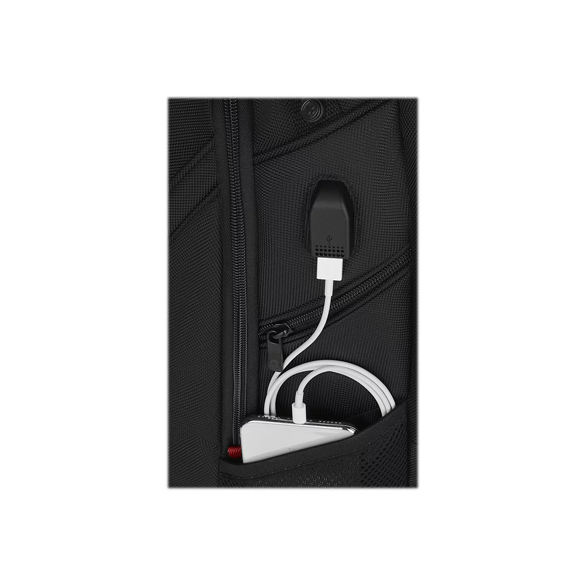Schwarzer Rucksack mit ReiÃŸverschluss und USB-Anschluss. Ein weiÃŸes Kabel ist mit einem Smartphone verbunden.