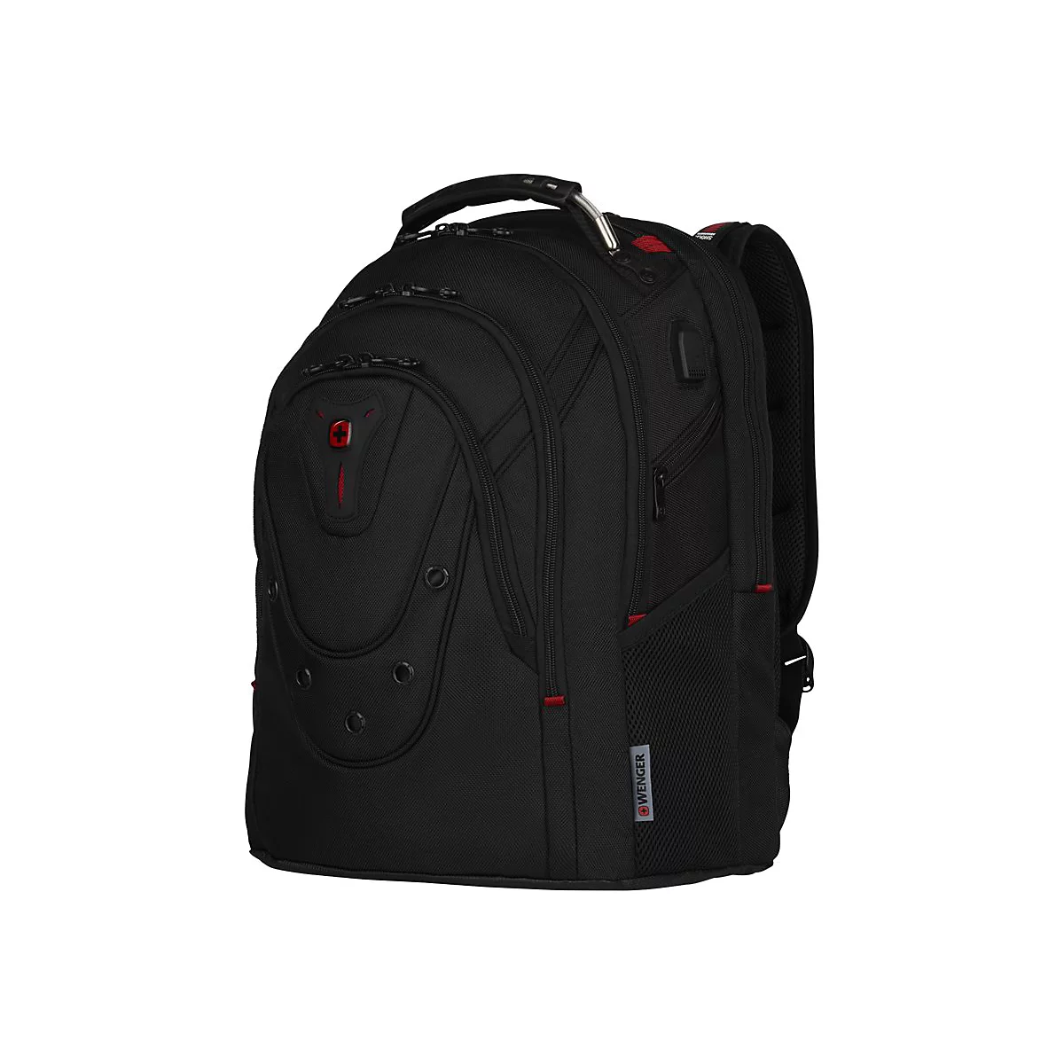 Schwarzer Rucksack, rotes Logo, Griff, Riemen. Seitliche Details.
