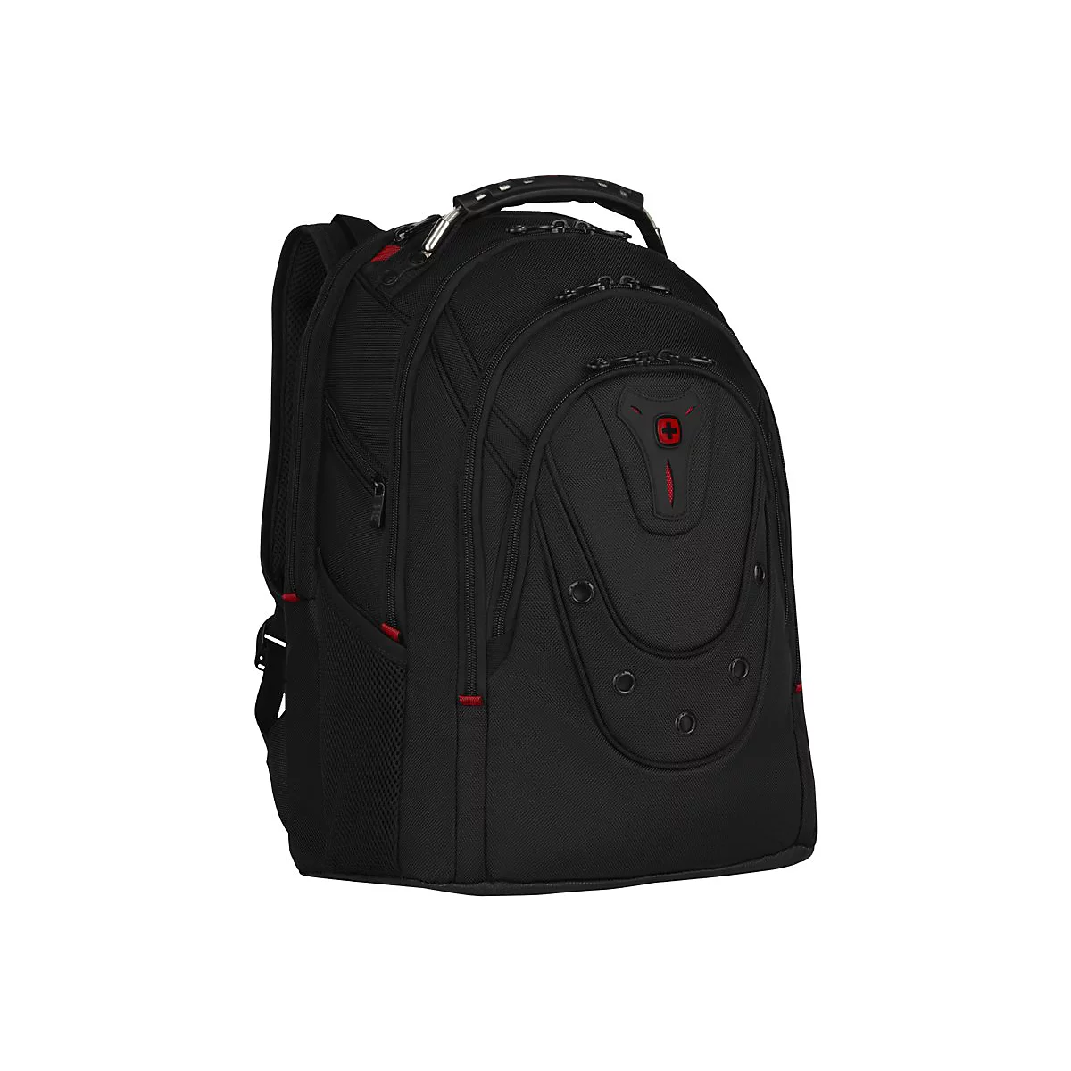 Schwarzer Rucksack mit roter Naht, Griff und Logo auf hellem Hintergrund.