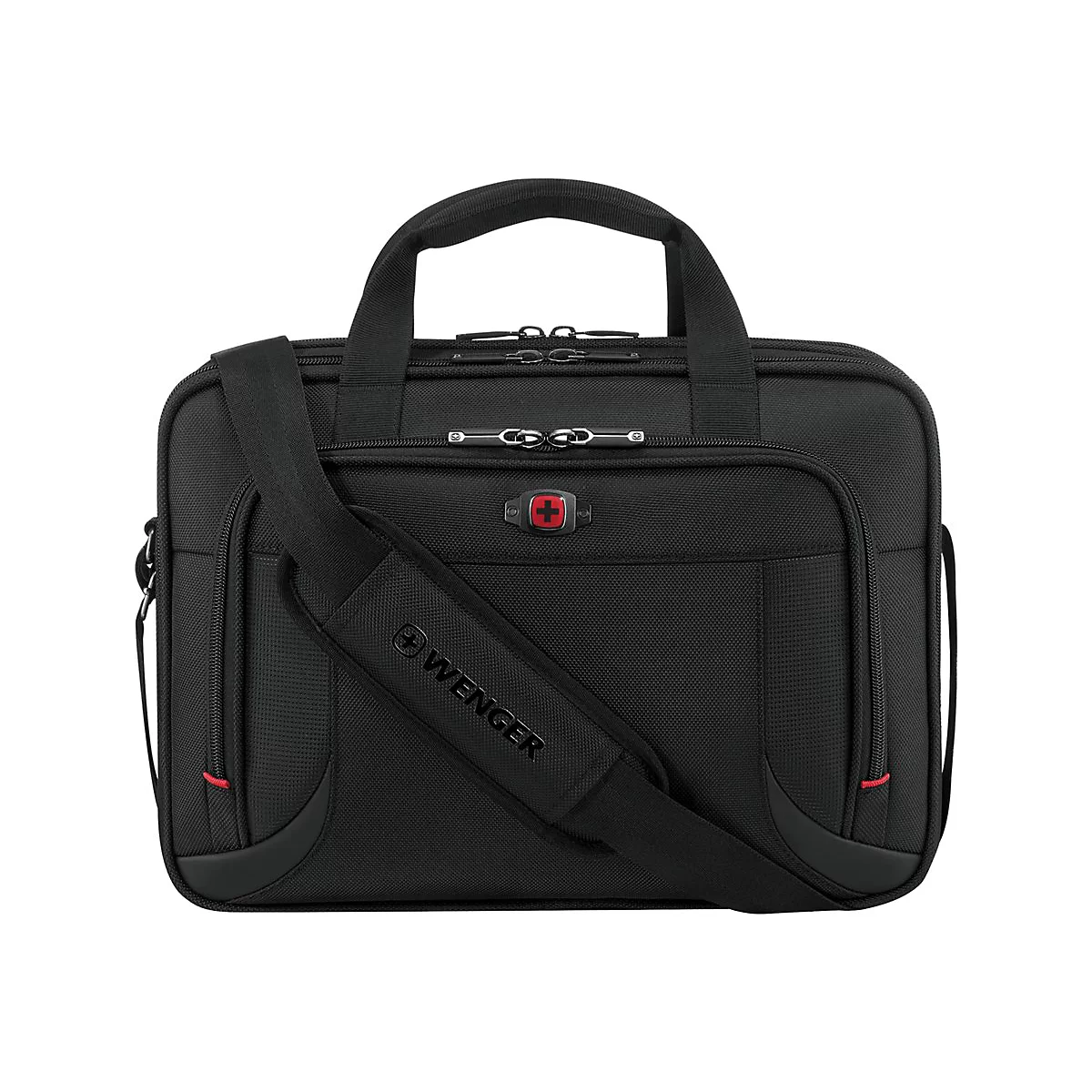 Sacoche pour ordinateur portable noire avec bandoulière. Une croix rouge est représentée sur le sac et l'inscription "Wenger".