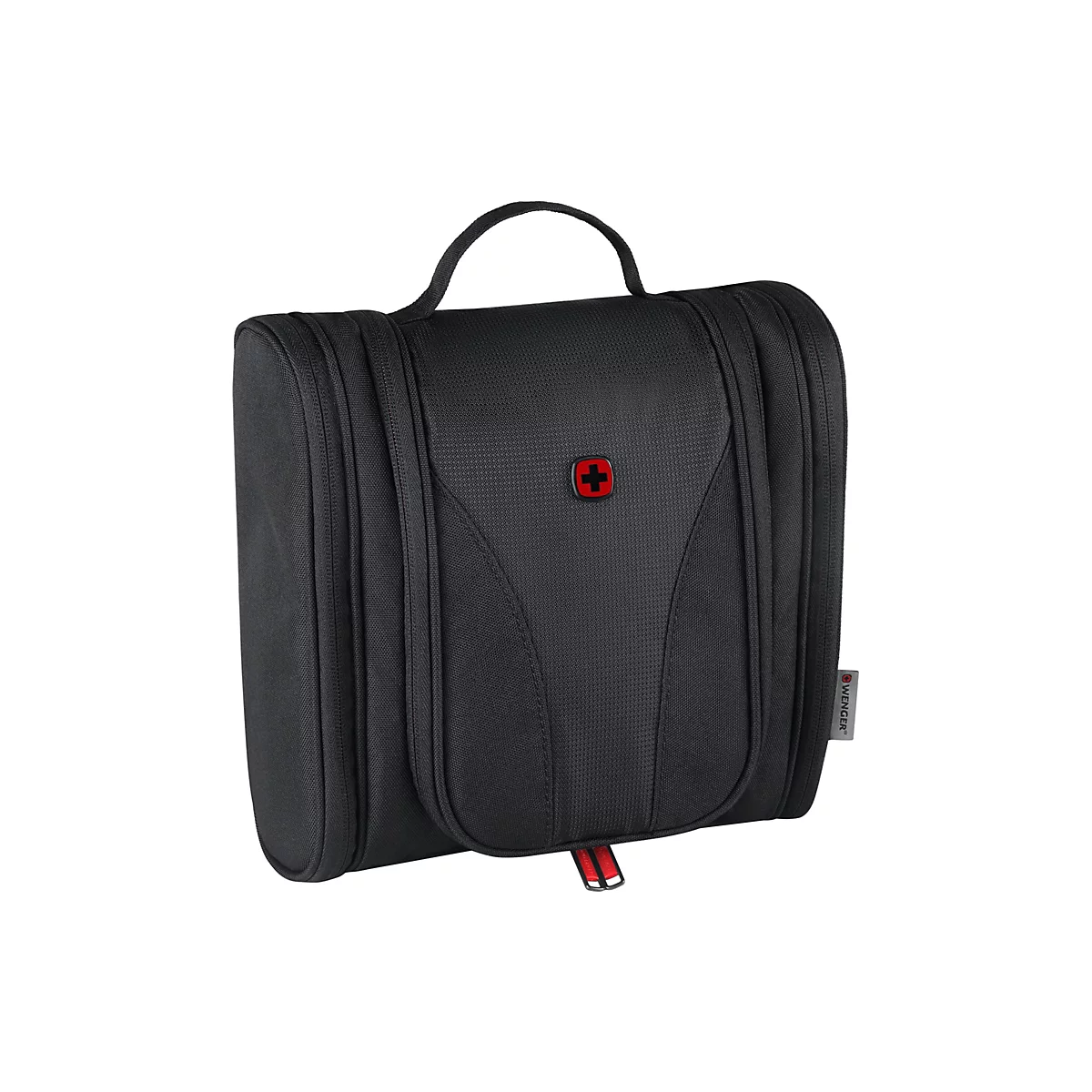 Schwarze Kulturtasche mit Griff. Rotes Schweizerkreuz und Wenger-Logo.