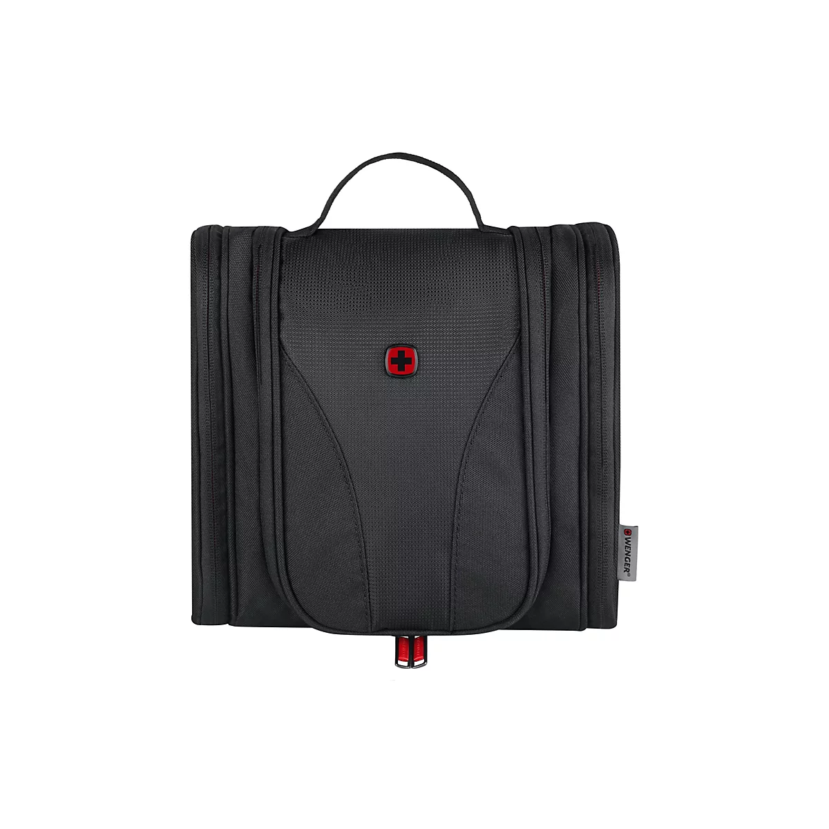 Schwarze Kulturtasche mit Griff. Schweizer Kreuz und "Wenger" Logo. Innen rote Nähte und Zipper.