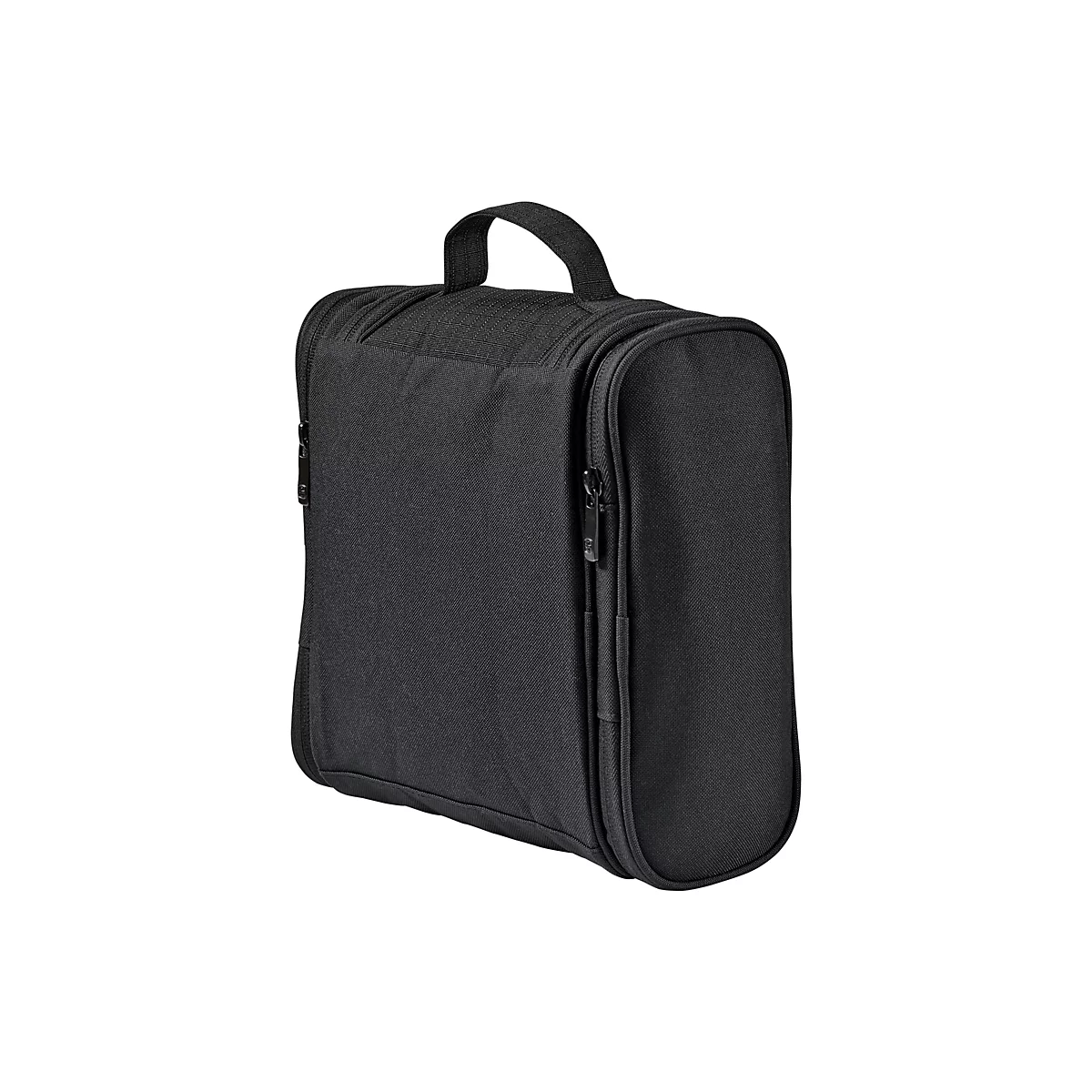 Schwarze Kulturtasche mit Henkel und Reißverschlüssen, vor weißem Hintergrund.