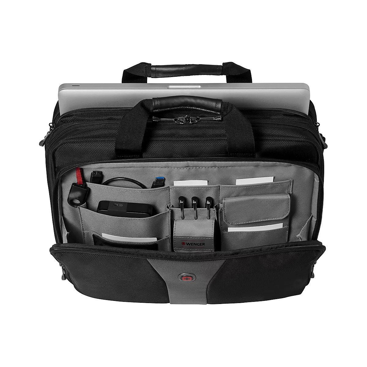 Zwarte laptoptas, van binnen georganiseerd met laptop, accessoires, grijze stof en logo.