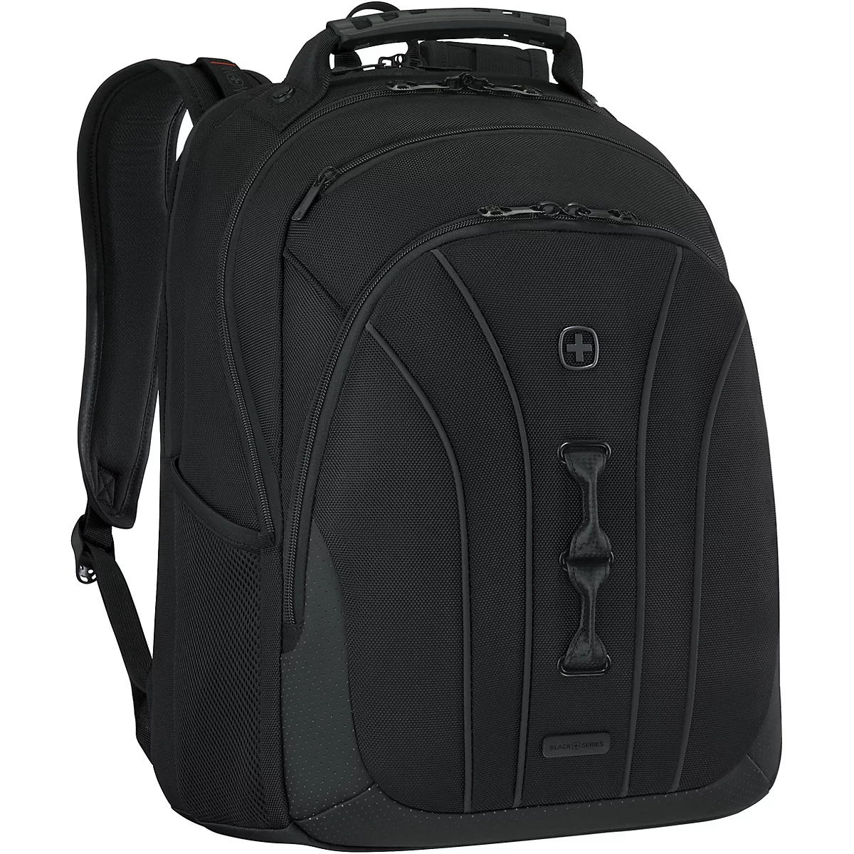 Schwarzer Rucksack mit mehreren Fächern, Reißverschlüssen und Tragegriffen. Das Logo des Herstellers ist sichtbar.