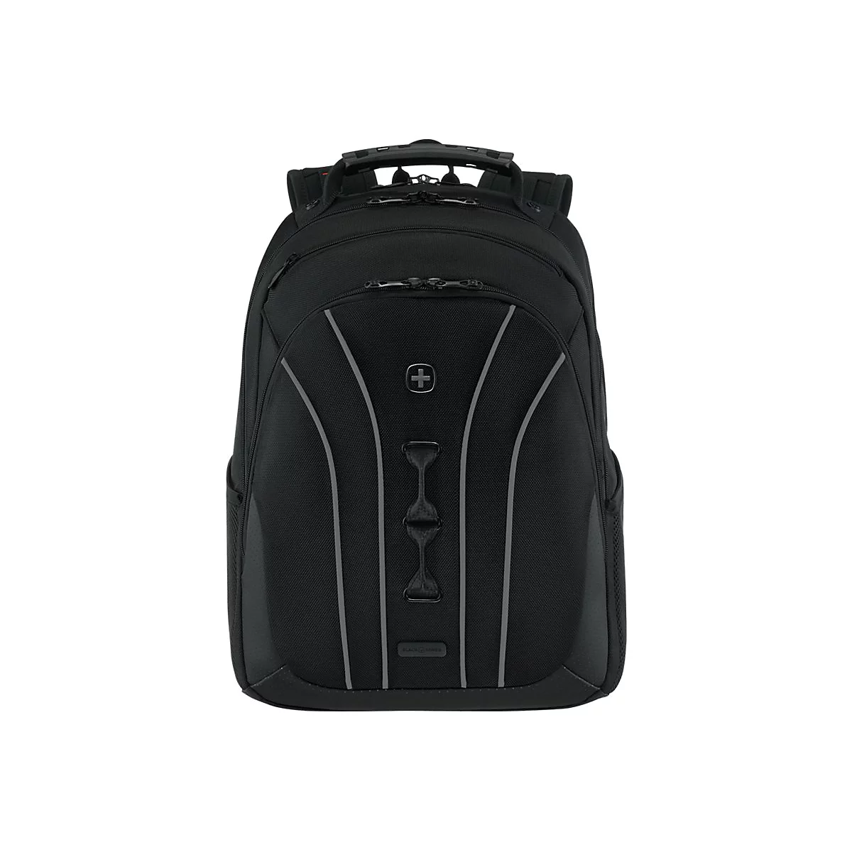 Schwarzer Rucksack mit reflektierenden Linien, Swiss-Gear-Logo und mehreren Reißverschlussfächern.