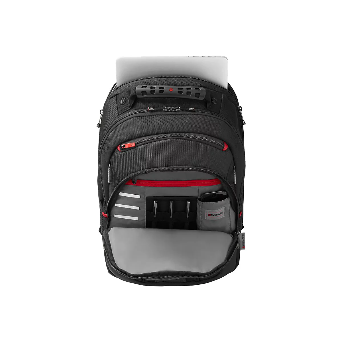 Schwarzer Rucksack mit rotem ReiÃŸverschluss und Laptopfach. Innenaufteilung mit Stifthaltern, grauen FÃ¤chern und einer Trinkflaschenhalterung.
