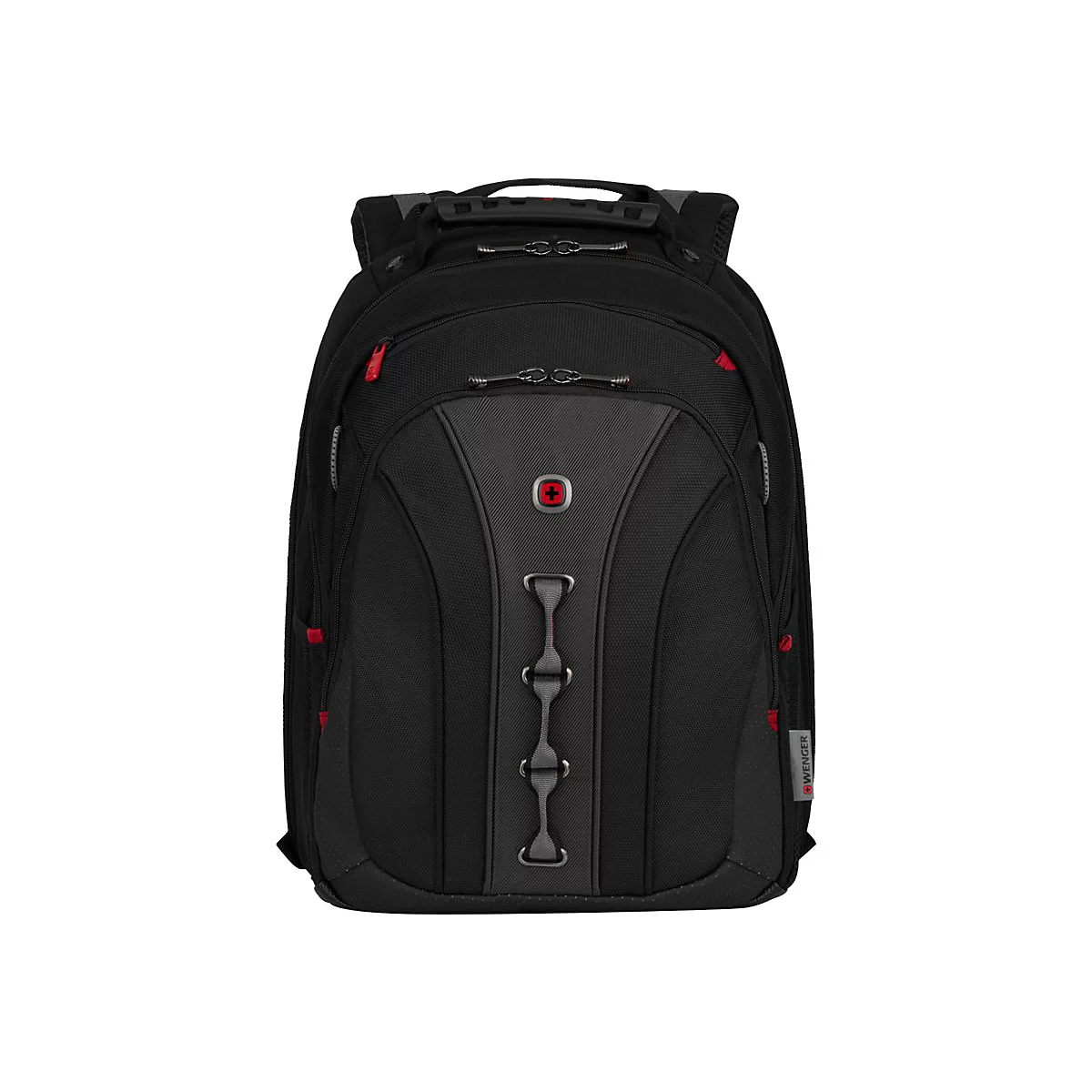 Schwarzer Rucksack mit roten Akzenten. In der Mitte graue Details mit einem roten Logo. Ãœber dem grauen Bereich befinden sich drei graue Zierelemente.