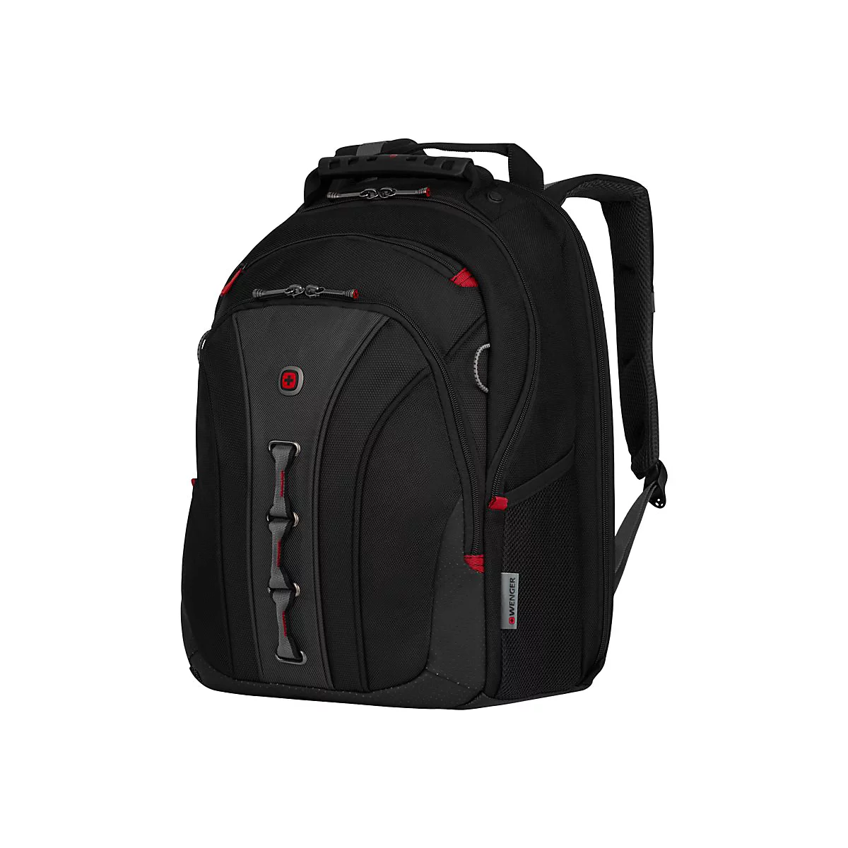 Schwarzer Rucksack mit roten Akzenten. Logo und Verzierungen. Tragegriff oben.