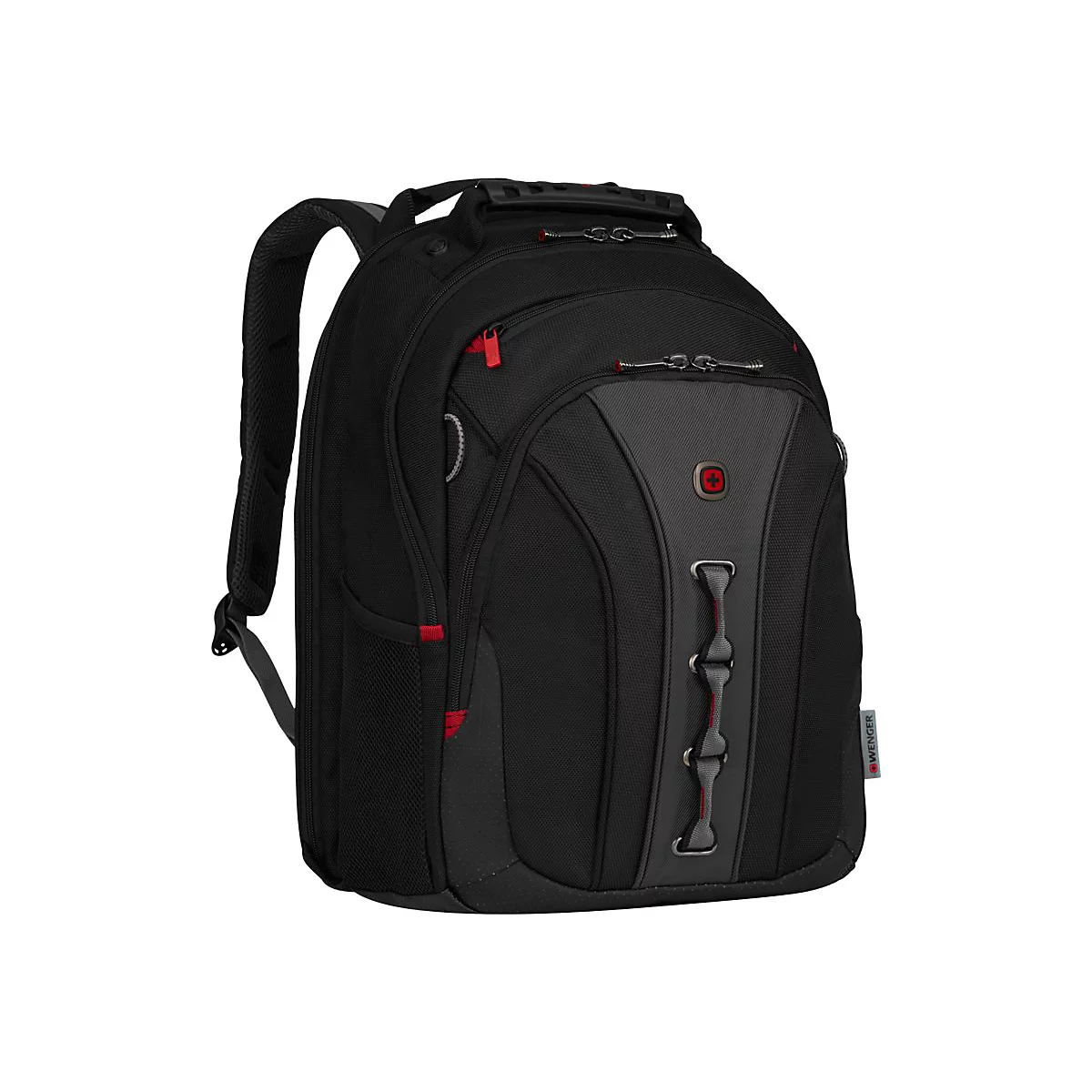 Schwarzer Rucksack mit roten Akzenten, Vordertaschen und gepolsterten TrÃ¤gern. Auf dem Rucksack ist das Logo der Marke zu sehen.