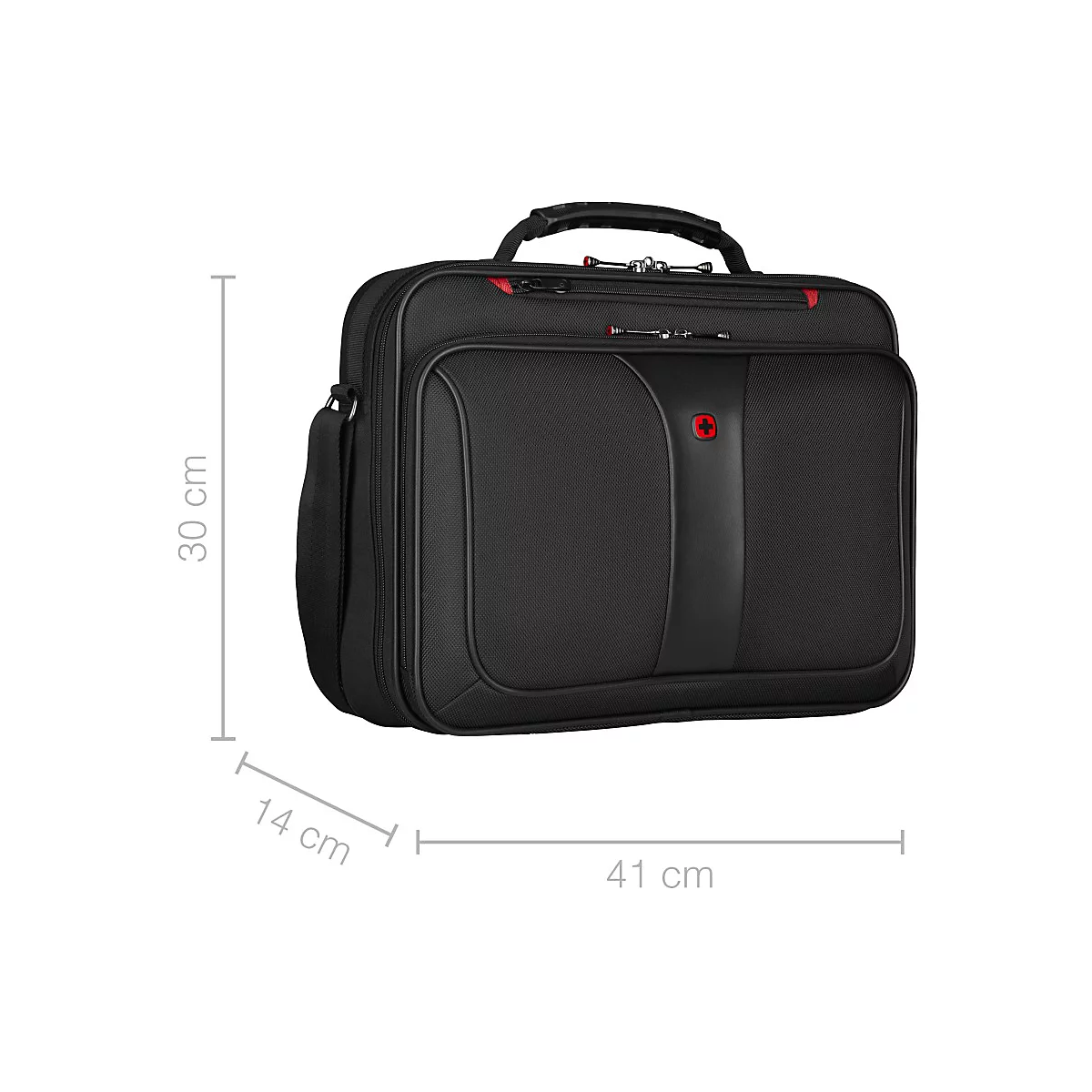 Schwarze Laptoptasche mit Tragegriff und Schulterriemen, 41x30x14cm. Rotes Kreuz auf der Front. Zitate mit Maßen.