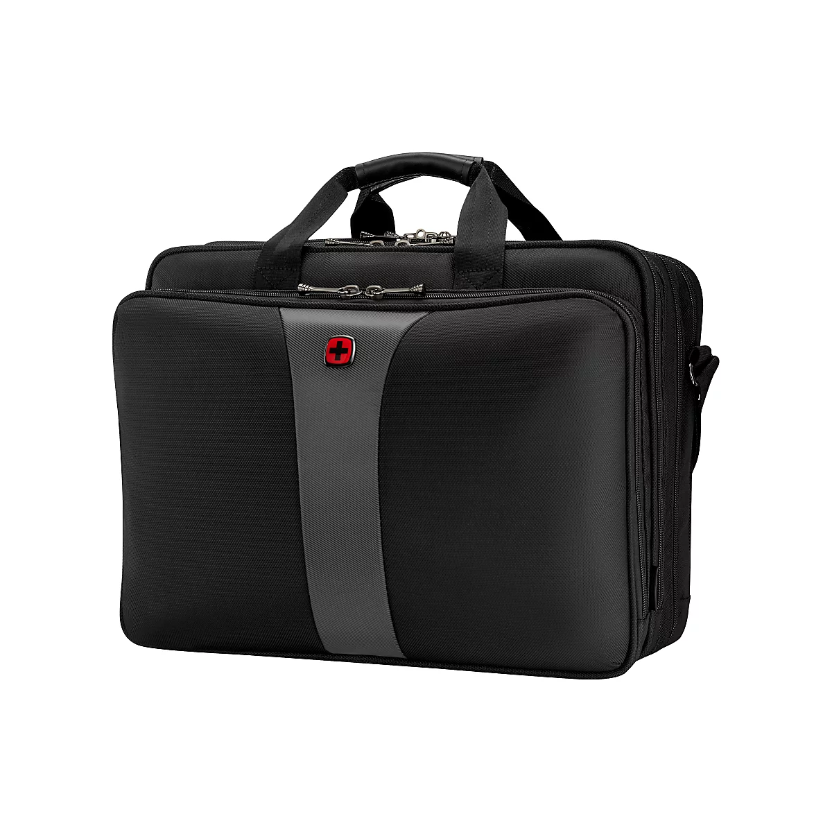 Schwarze Aktentasche mit grauen Akzenten und rotem Kreuzlogo. Tragegriff oben, Reißverschlüsse und Schulterriemen.