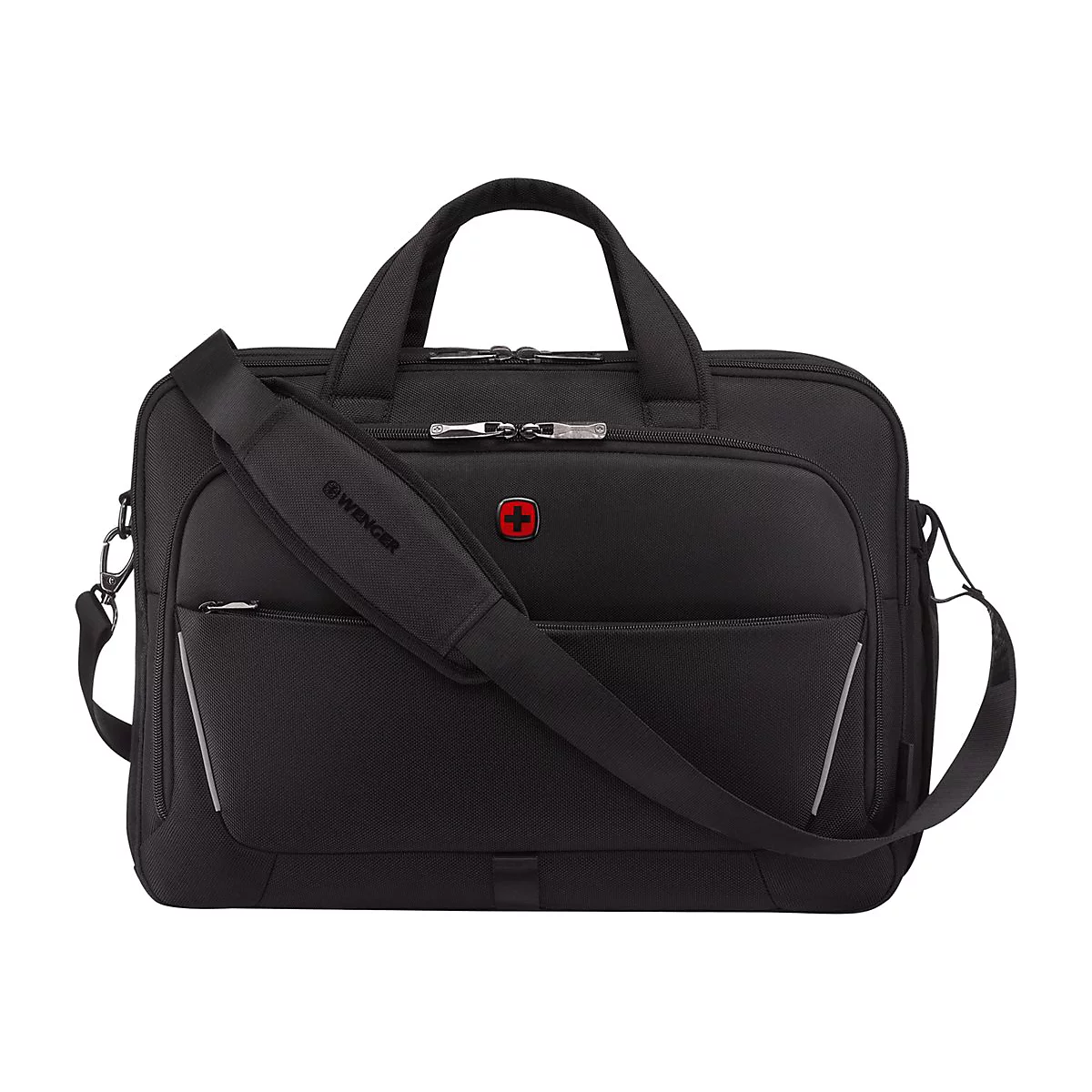 Schwarze Laptoptasche mit Schulterriemen, von Wenger. Auf der Tasche das Schweizer Kreuz.