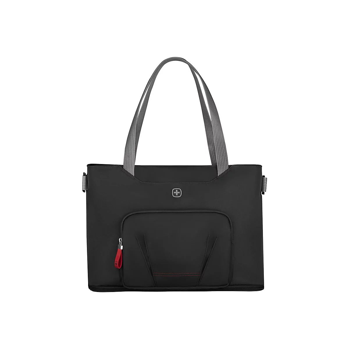 Schwarze Handtasche mit grauen Henkeln und rotem Reißverschluss. Das Schweizer Kreuz-Logo ist sichtbar.