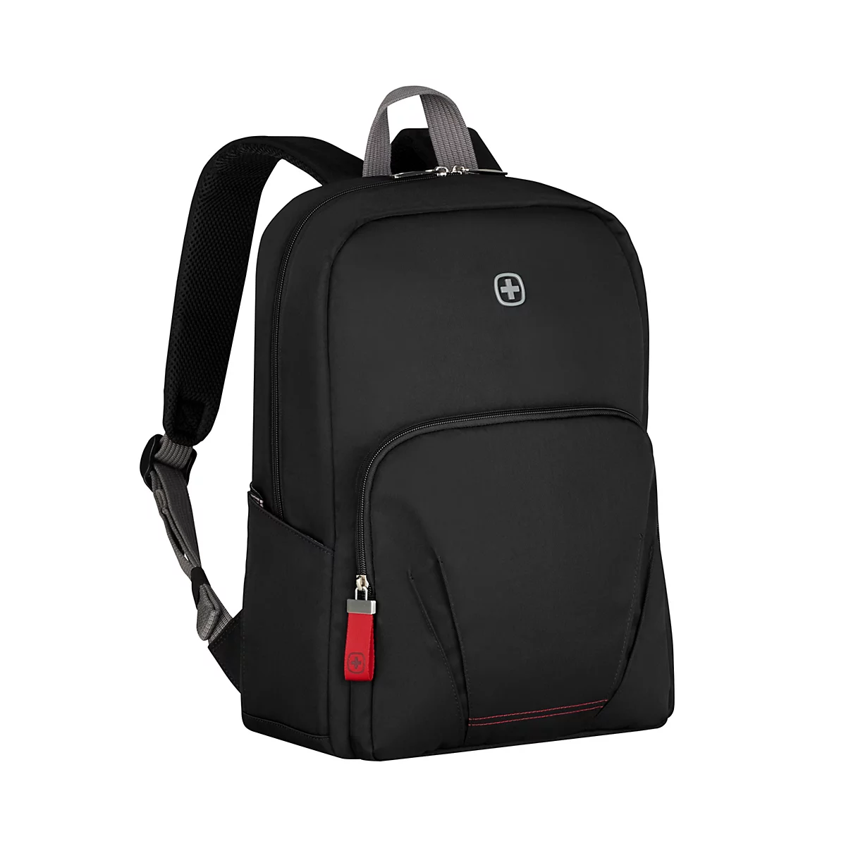 Schwarzer Rucksack mit rotem Reißverschluss, grauem Tragegriff und Logo.