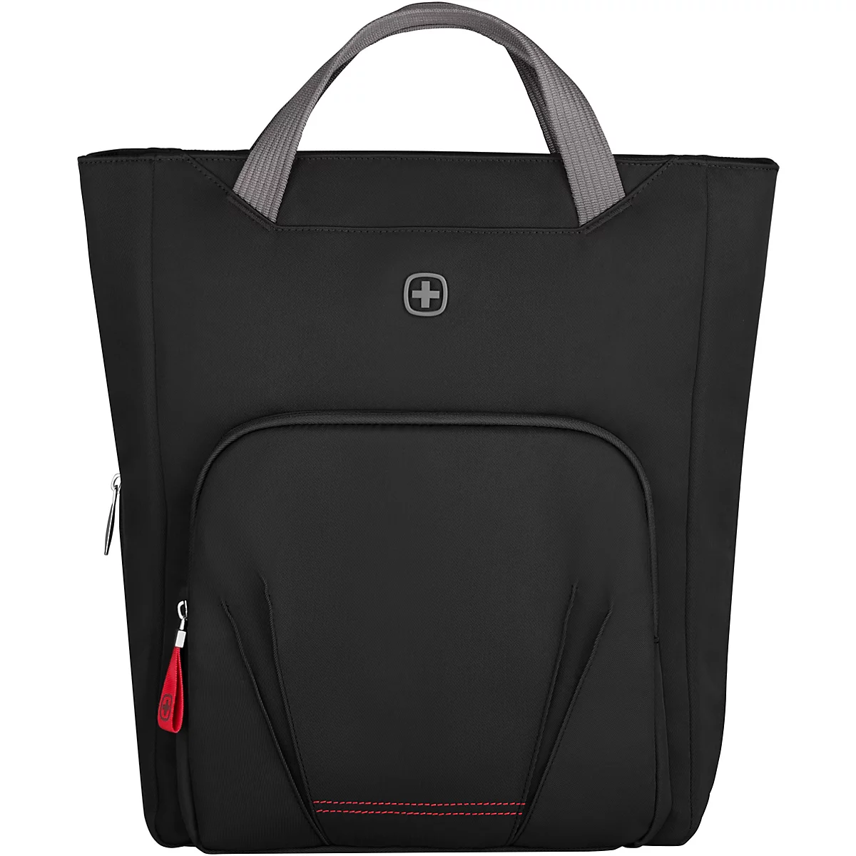 Schwarze Handtasche mit grauen Henkeln und rotem Reißverschluss-Anhänger. Auf der Tasche befindet sich das Logo des Schweizer Kreuzes.
